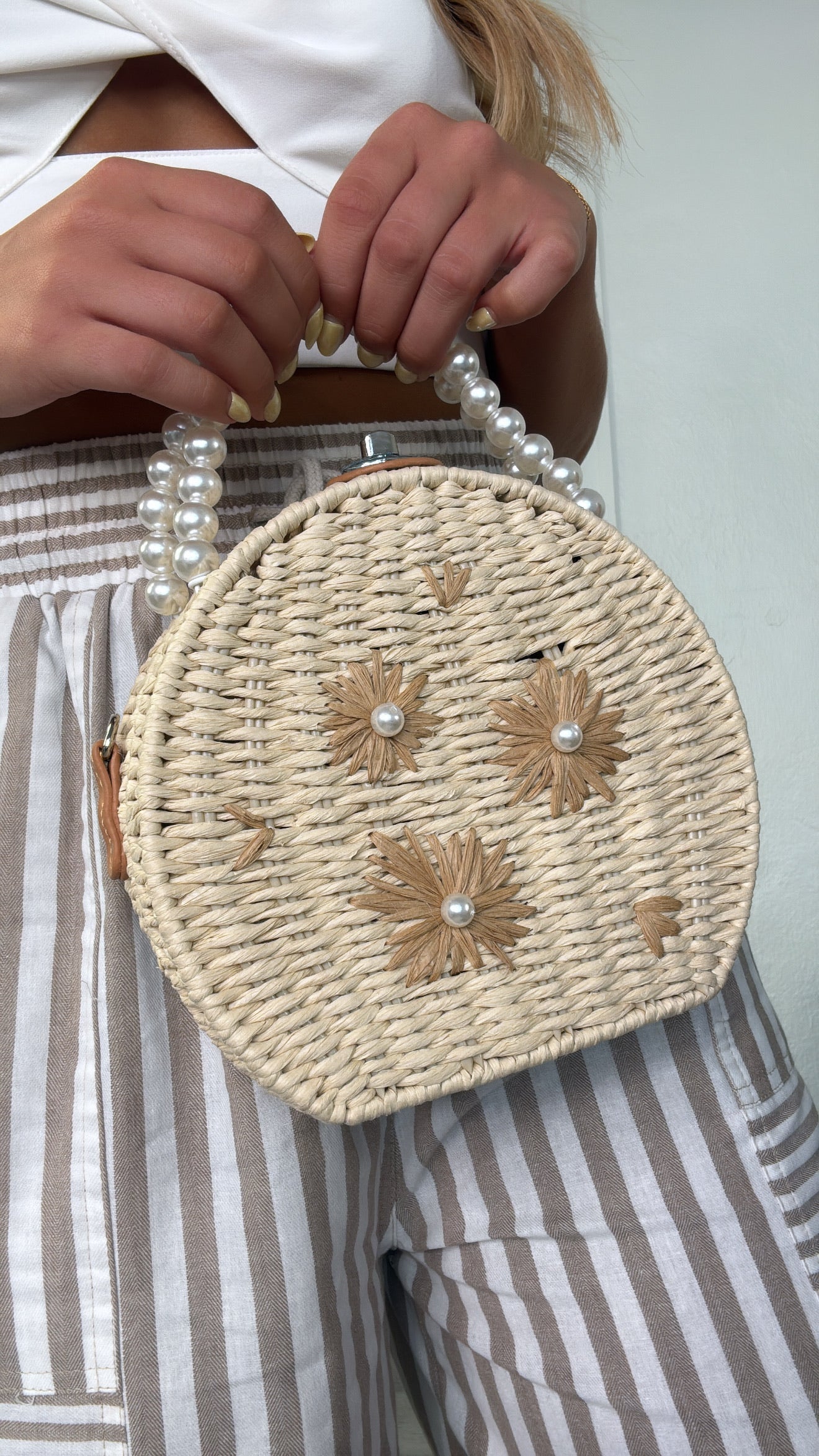 Pearl Flower Handbag, Beige