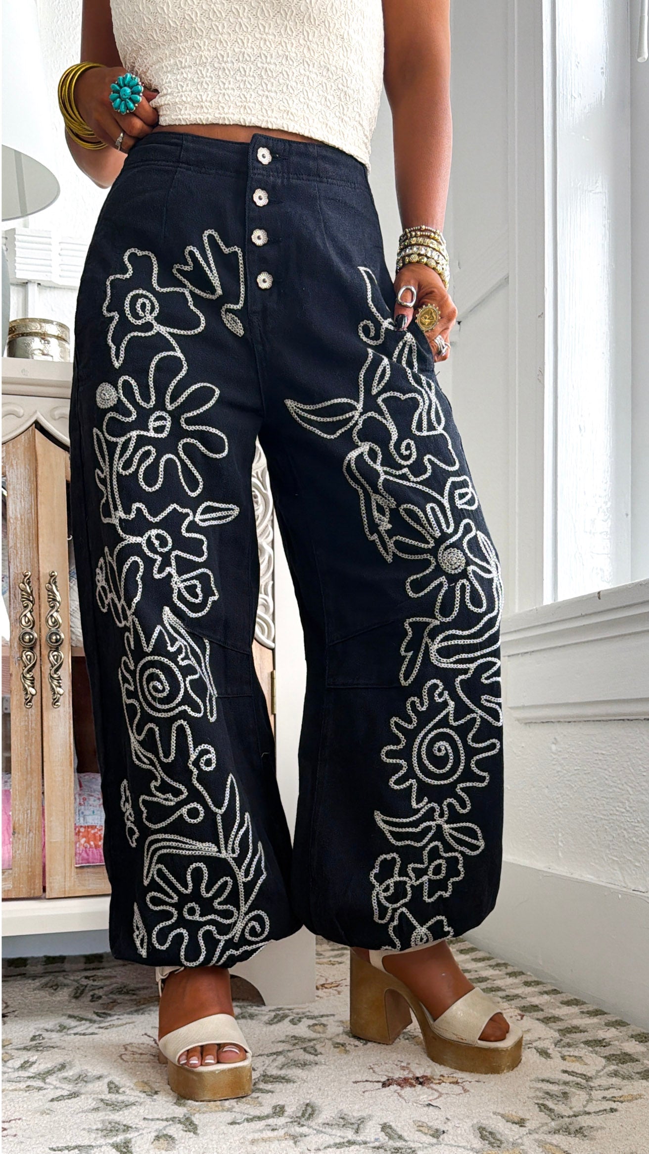 For The Love Of Floral Embroidered Denim Jogger, Black