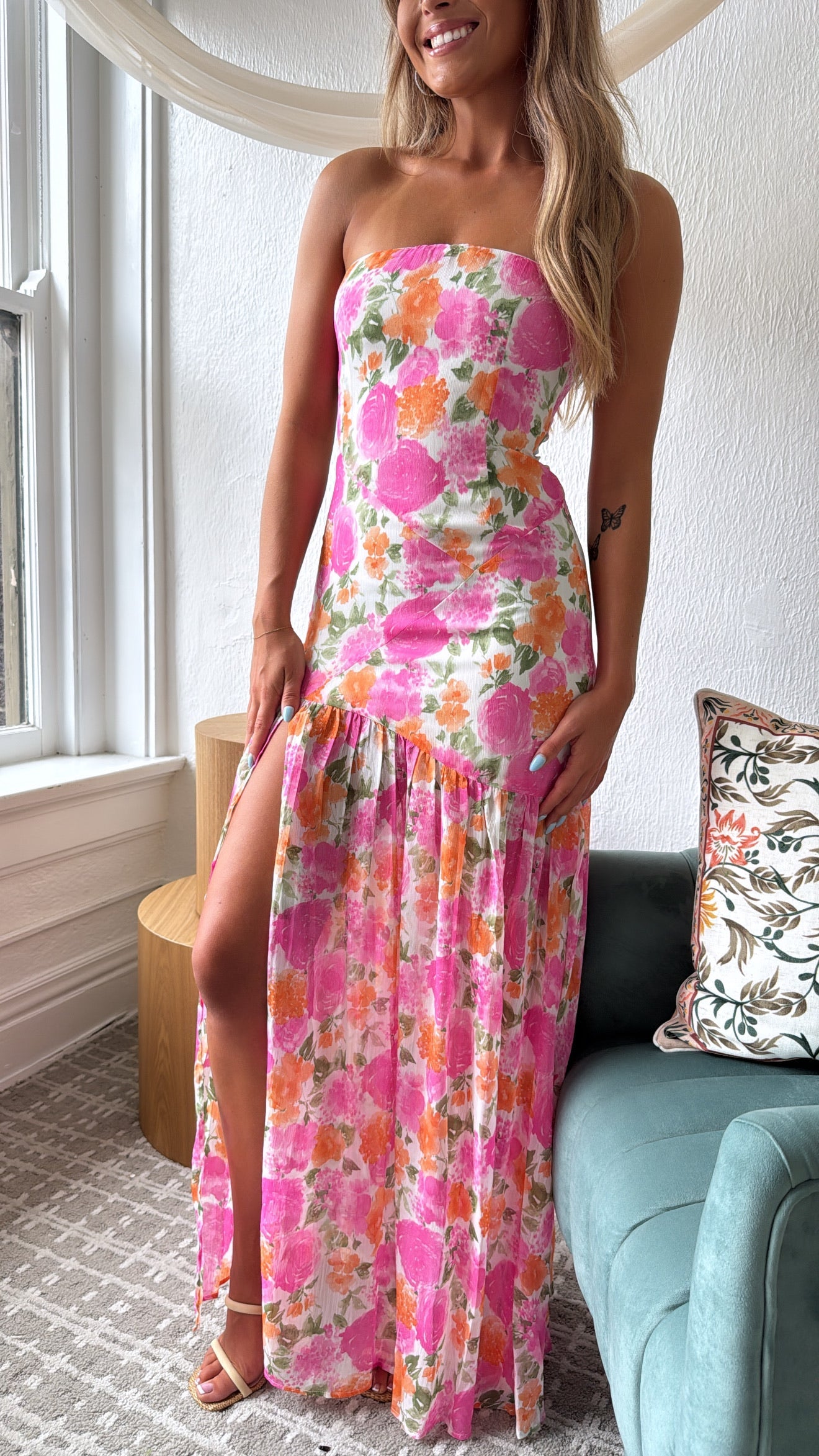 Maelis Midi Dress, Off- White & Pink