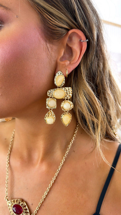 Boho Style Dangle Earring, Beige/ Gold