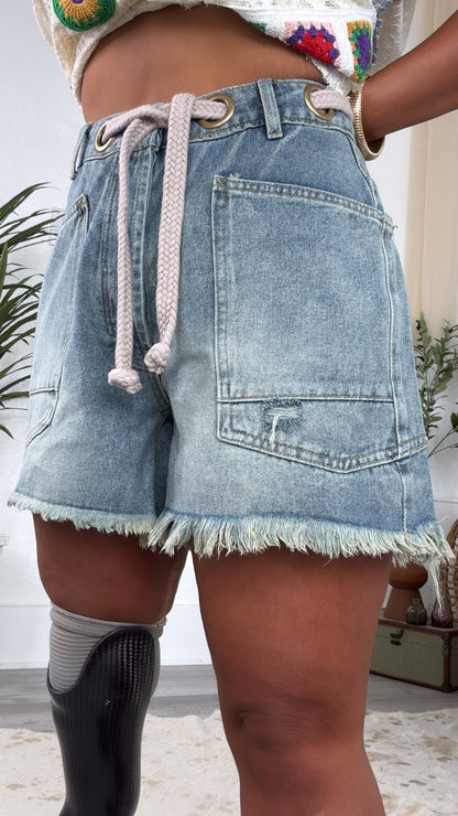 New Point Of View Braided Belt Shorts, Denim