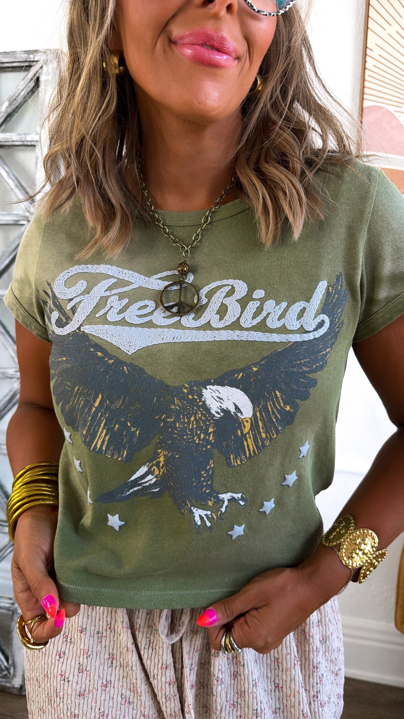 Boho Freebird Graphic Tee, Washed Olive