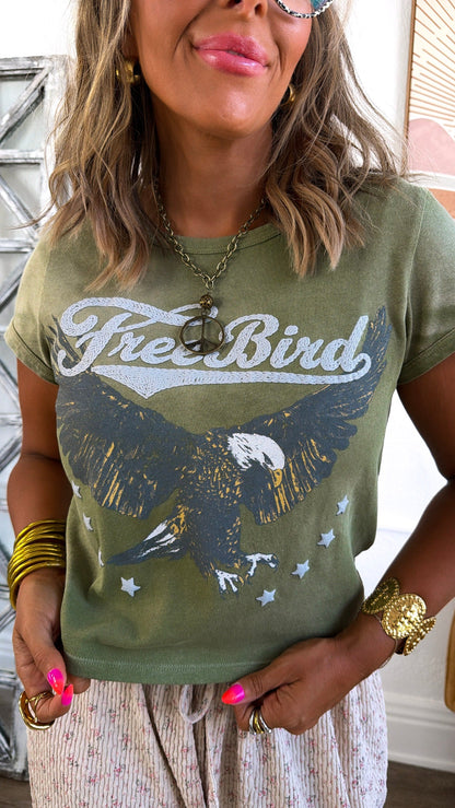 Boho Freebird Graphic Tee, Washed Olive