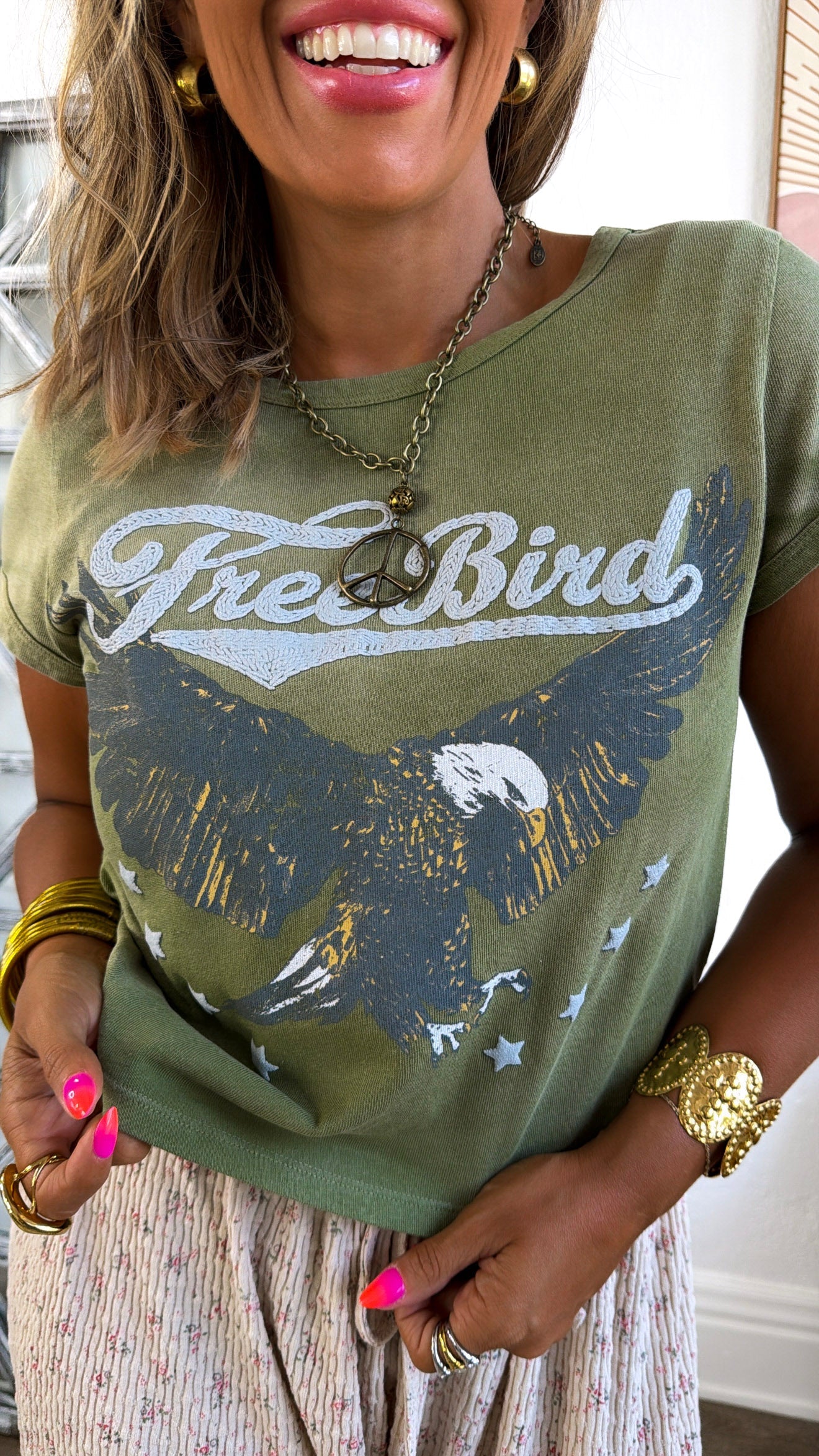 Boho Freebird Graphic Tee, Washed Olive