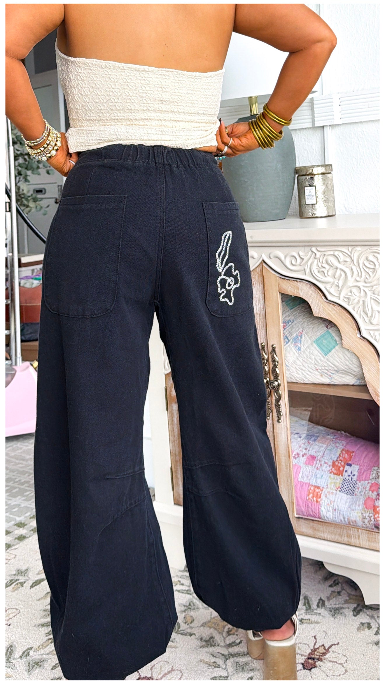 For The Love Of Floral Embroidered Denim Jogger, Black