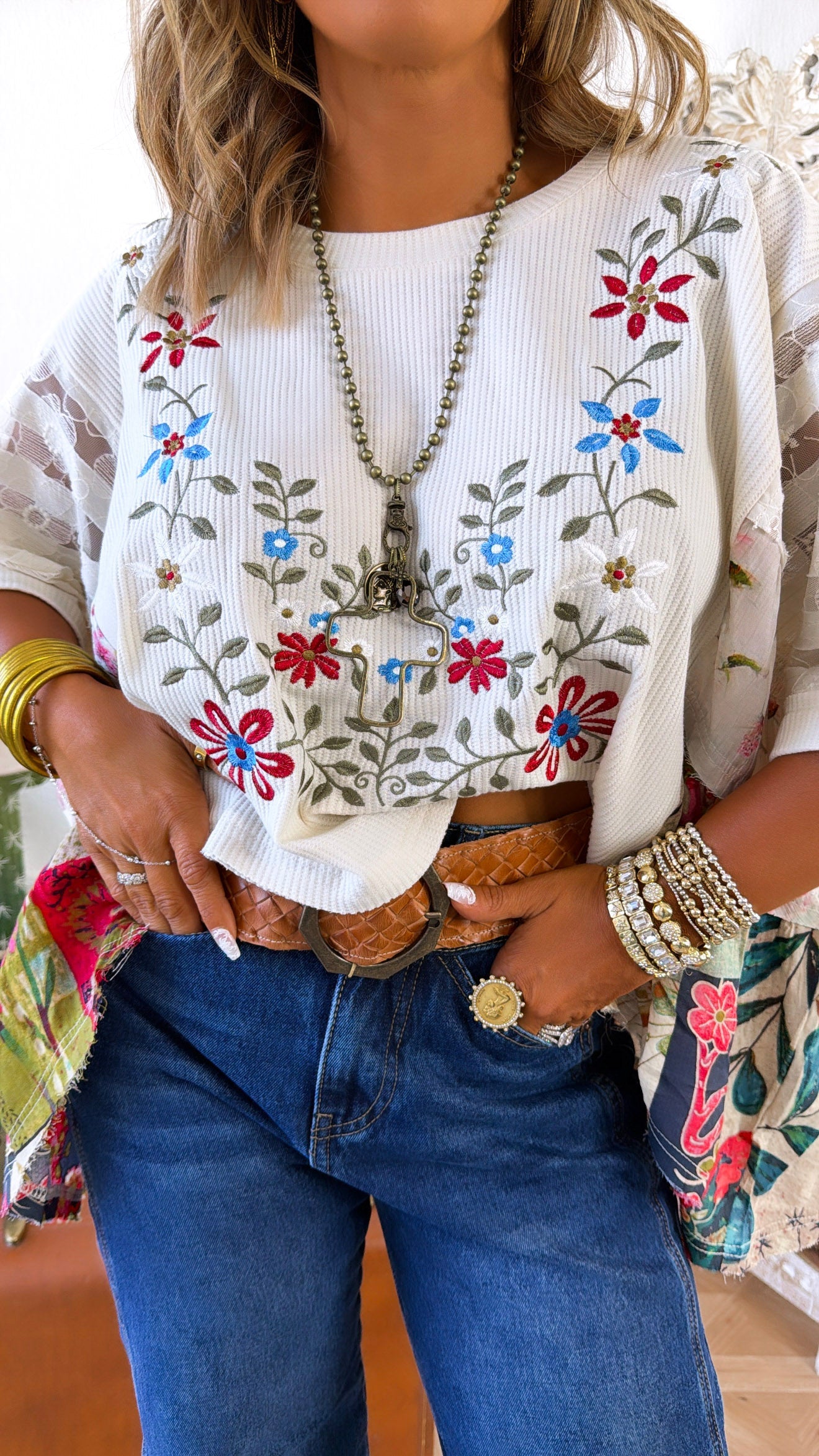 Gabriella Floral Top, Cream