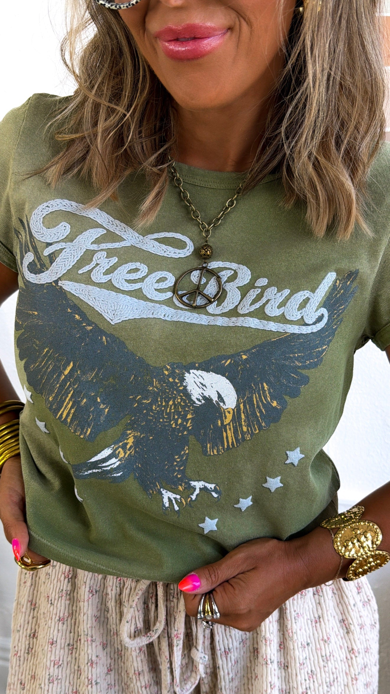 Boho Freebird Graphic Tee, Washed Olive