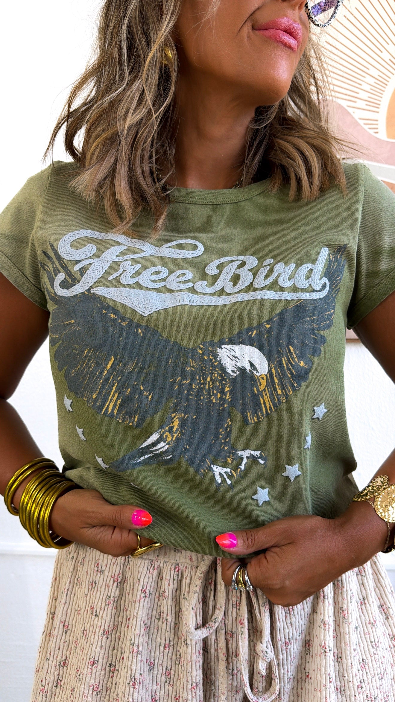 Boho Freebird Graphic Tee, Washed Olive