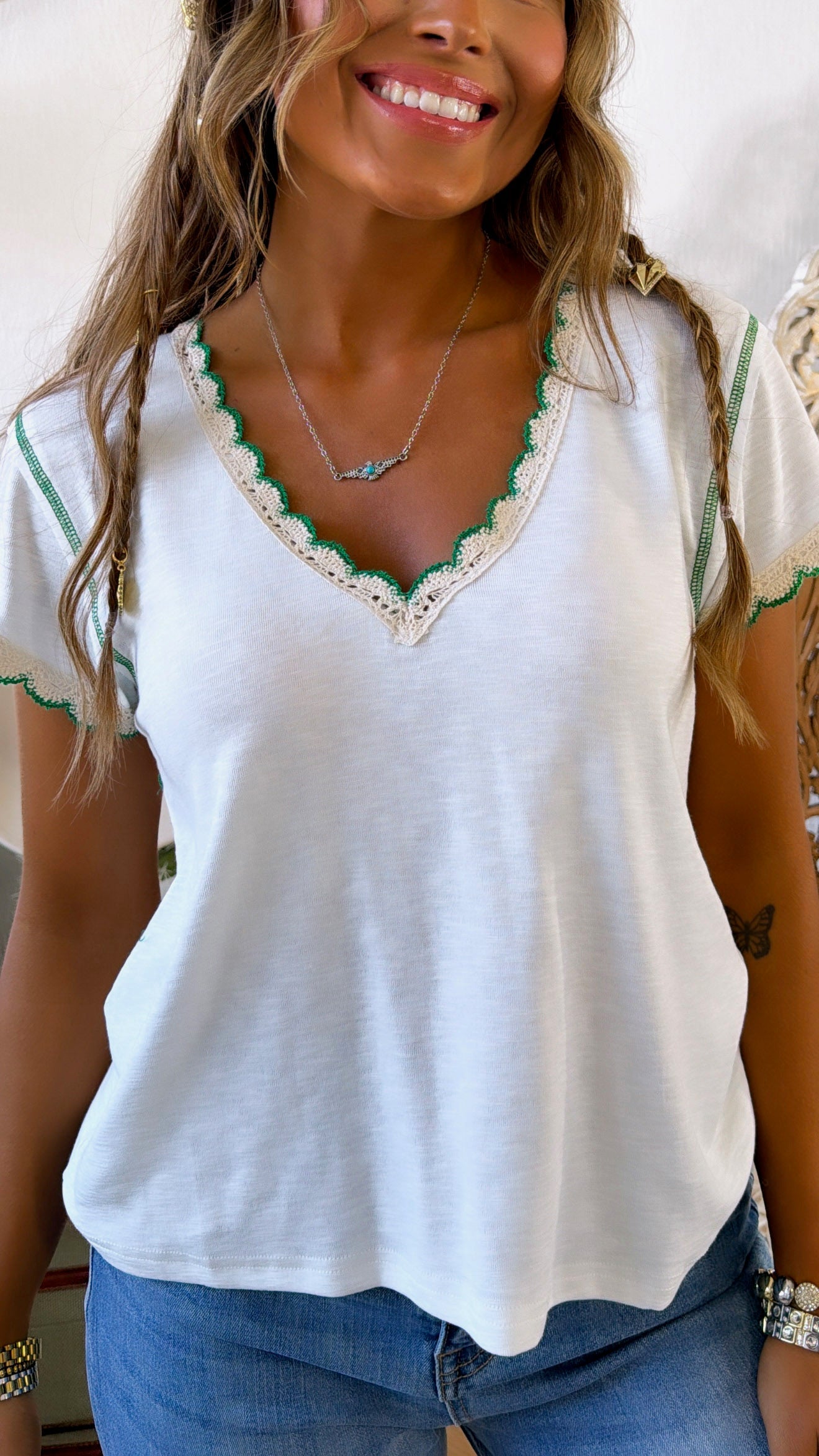 Fresh Market Basic Tee, Off White/Green