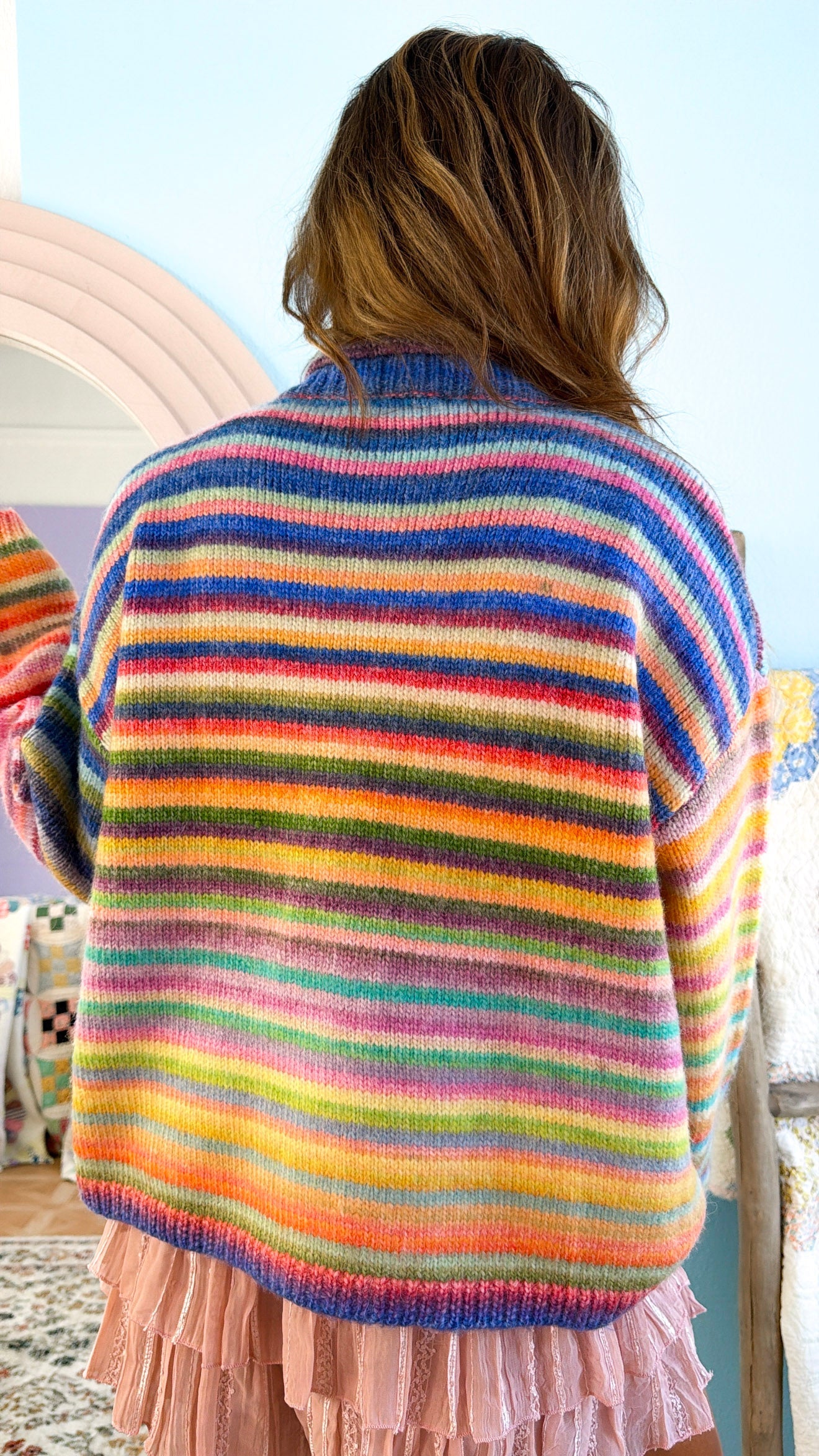 Color Field Rainbow Stripe Cardigan, Sky/Purple