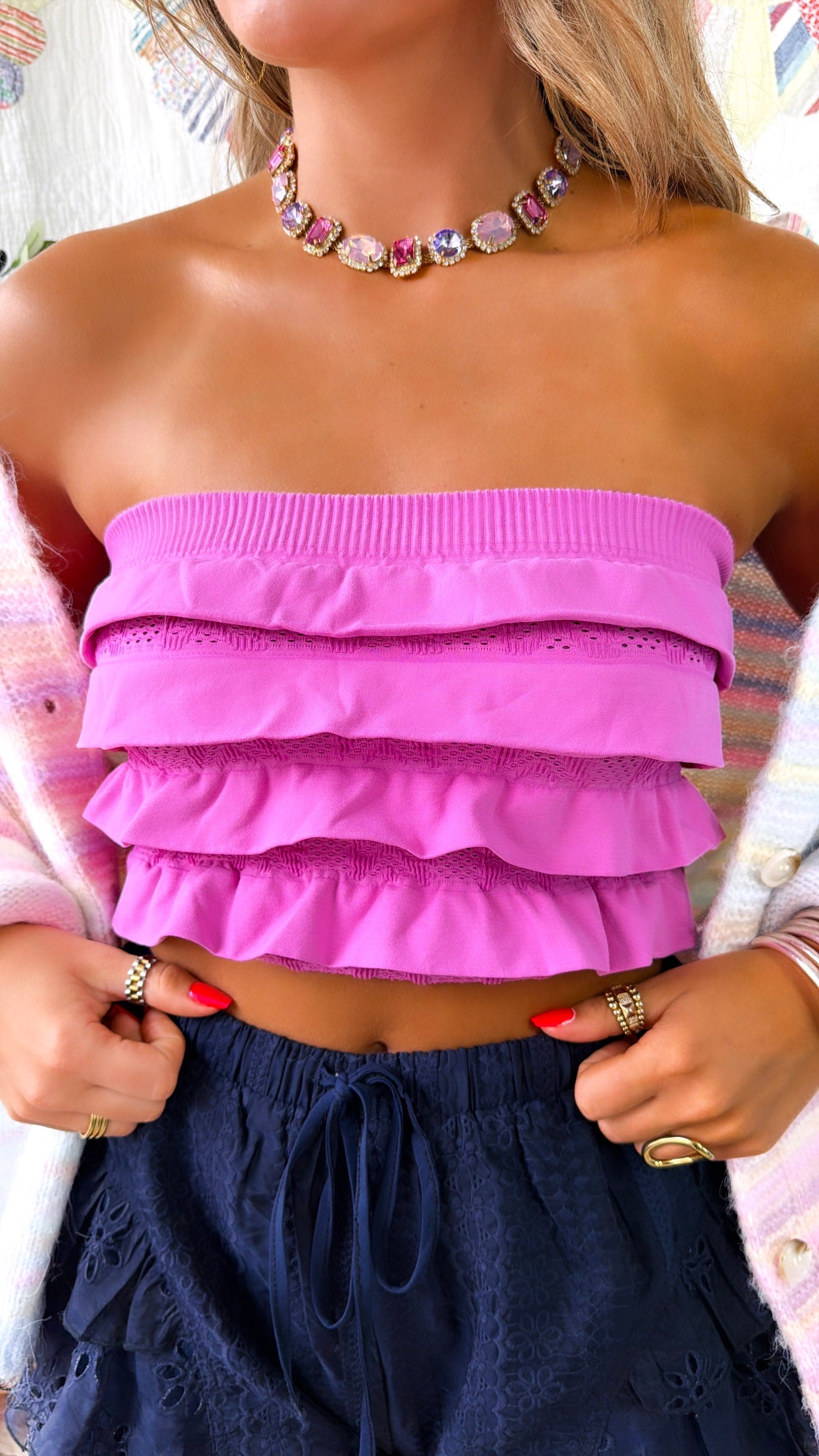 Layered Ruffled Tube Top, Crocus Pink