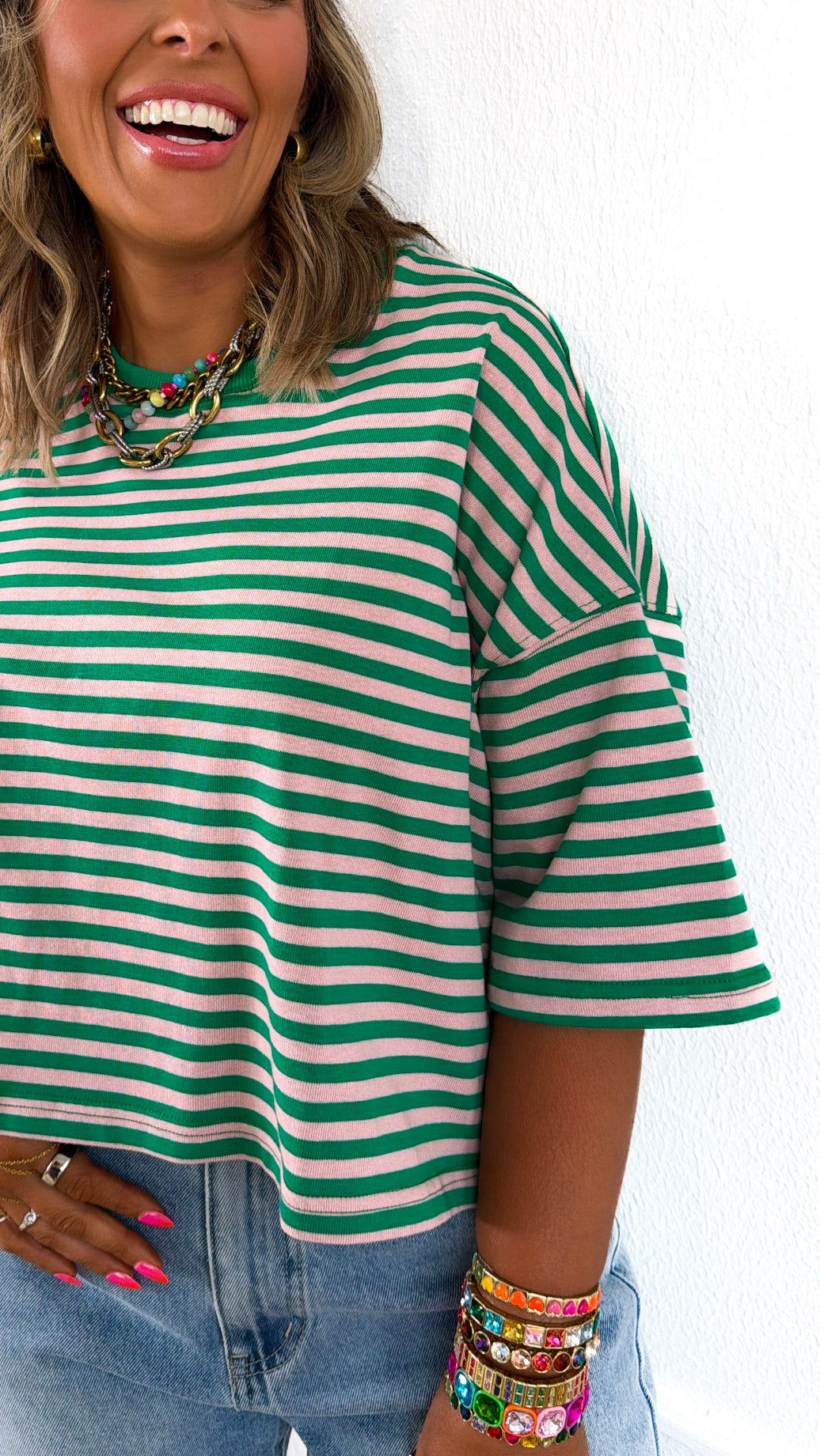 Clean Line Stripe Top, Green/Lt.Pink