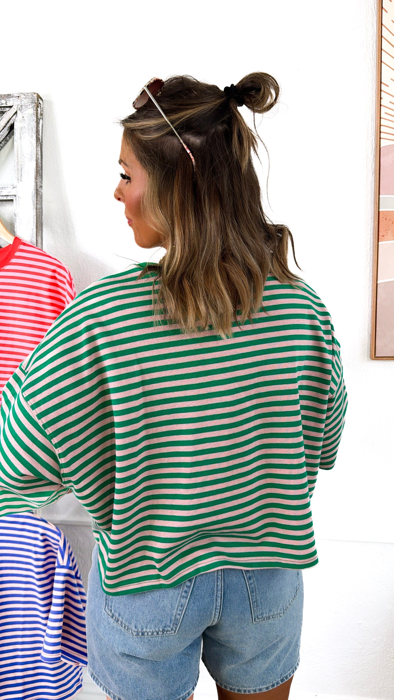 Clean Line Stripe Top, Green/Lt.Pink