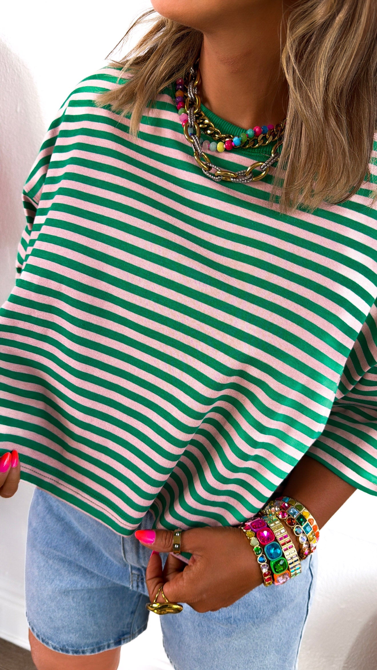 Clean Line Stripe Top, Green/Lt.Pink