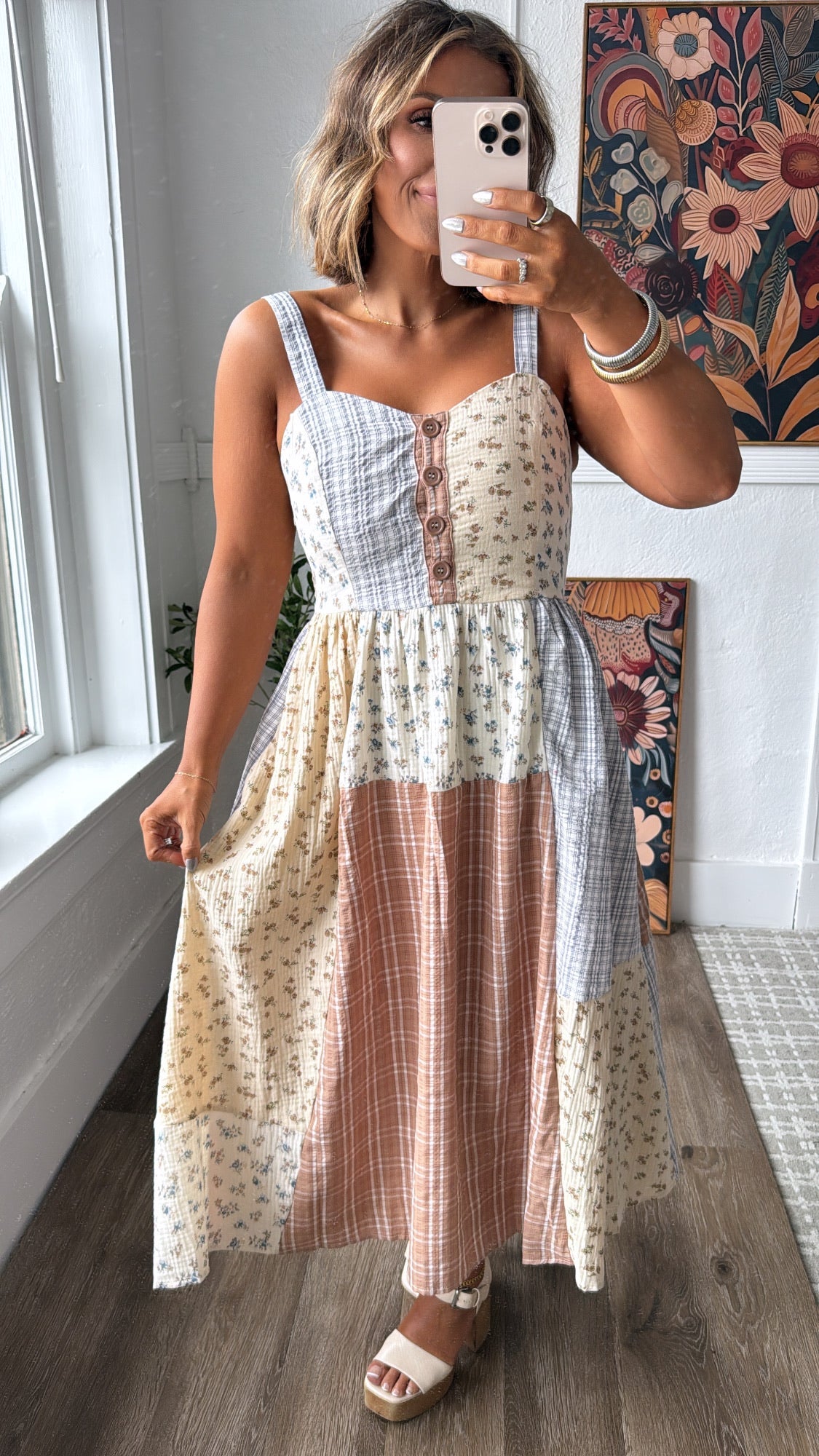 Patchwork Blooms Midi Dress, Ivory