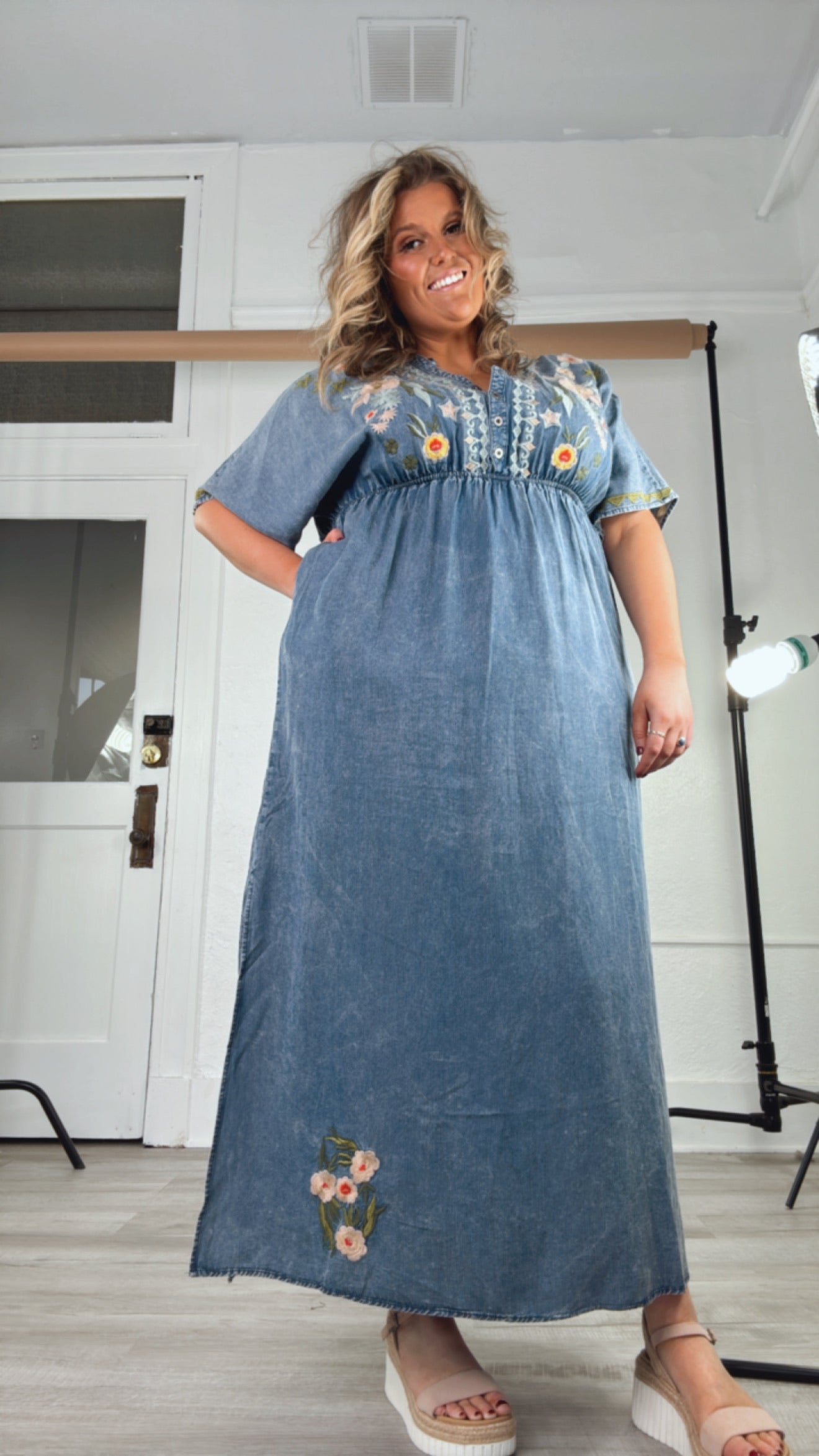 Chambray Stitch & Bloom Embroidered Maxi Dress, Denim