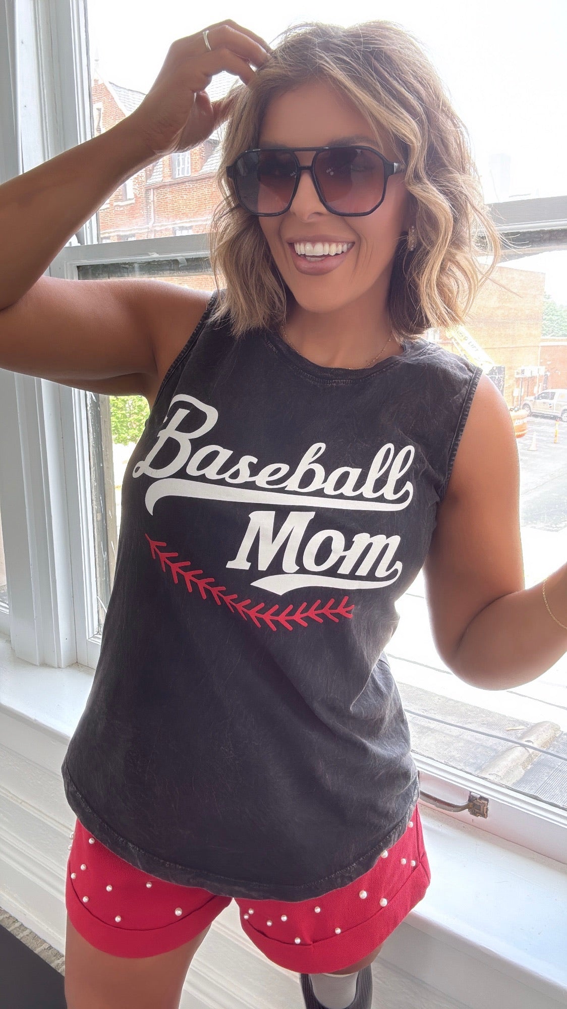 Baseball Mom Graphic Tank, Black/Red