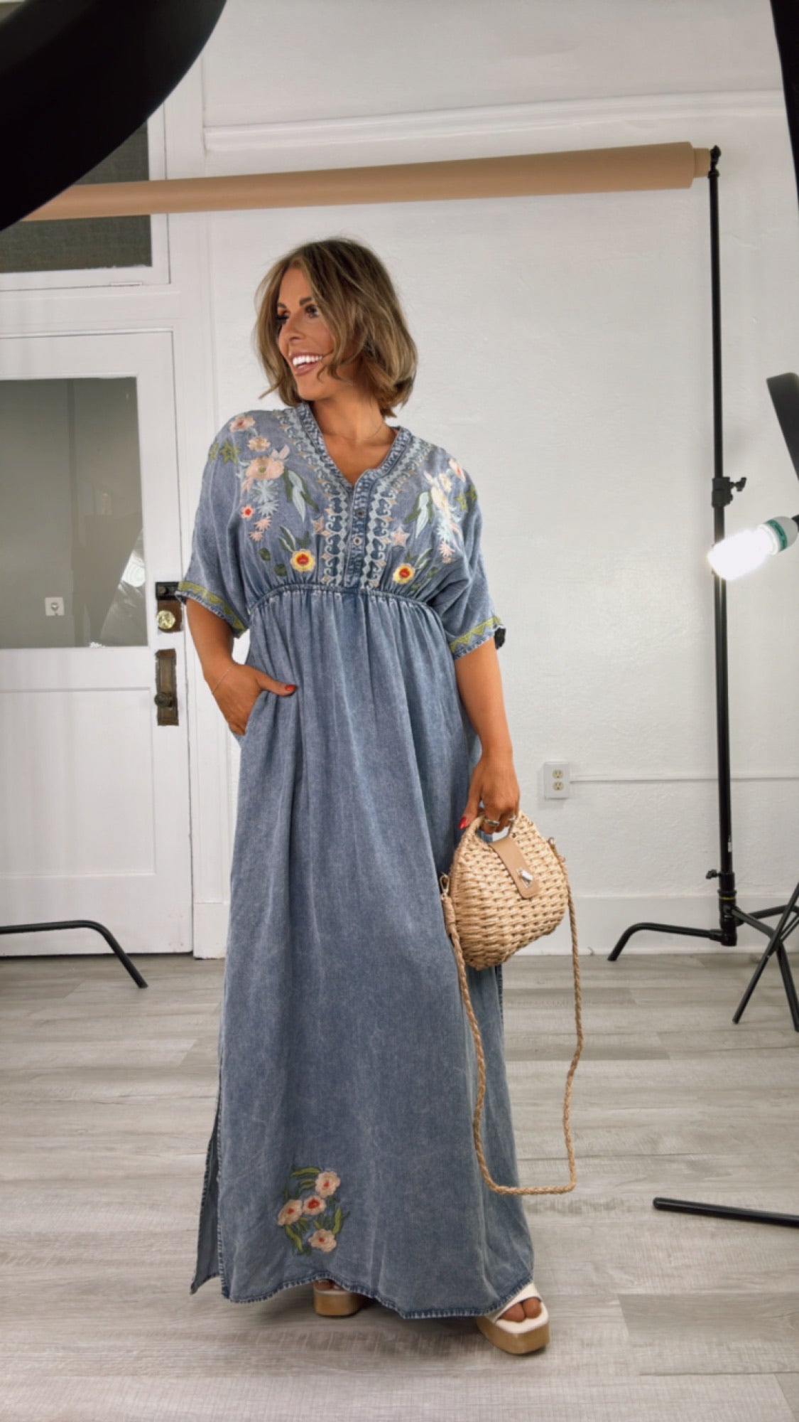 Chambray Stitch & Bloom Embroidered Maxi Dress, Denim