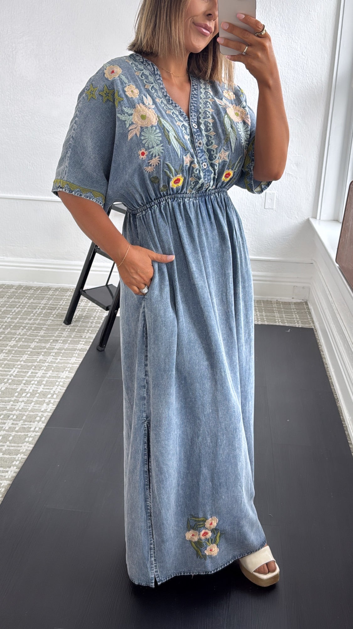Chambray Stitch & Bloom Embroidered Maxi Dress, Denim