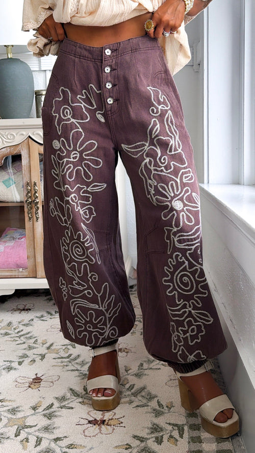 For The Love Of Floral Embroidered Denim Jogger, Mocha