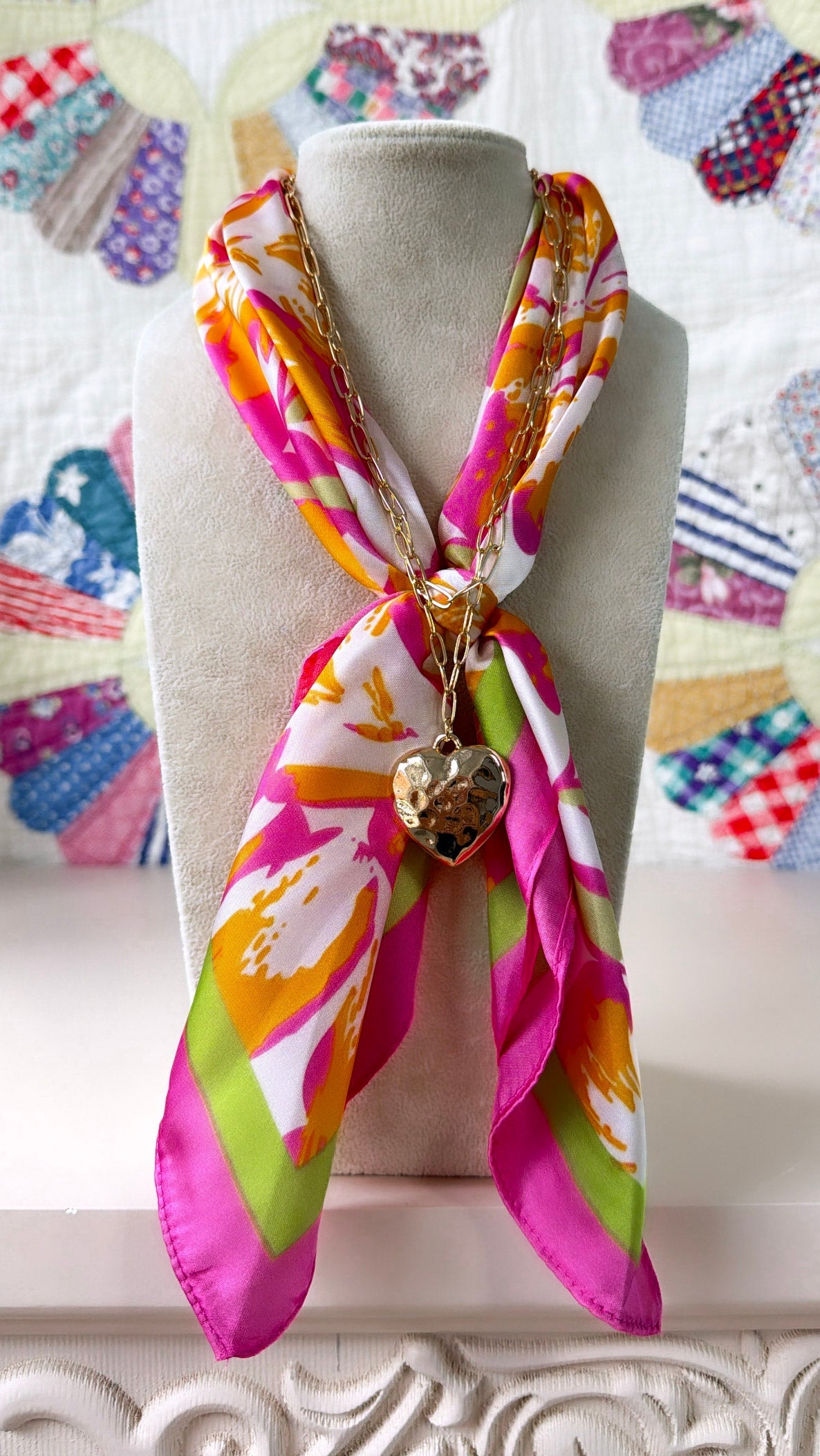 Bandana Charm Necklace, Multi Pink/ Gold
