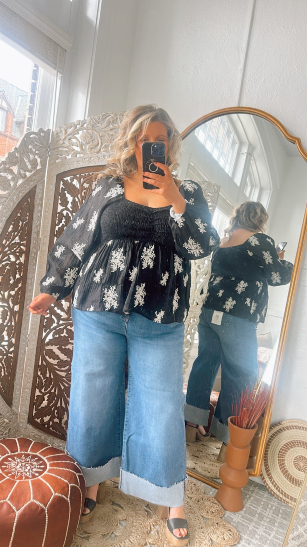 All About Details Embroidered Smocked Blouse, Black