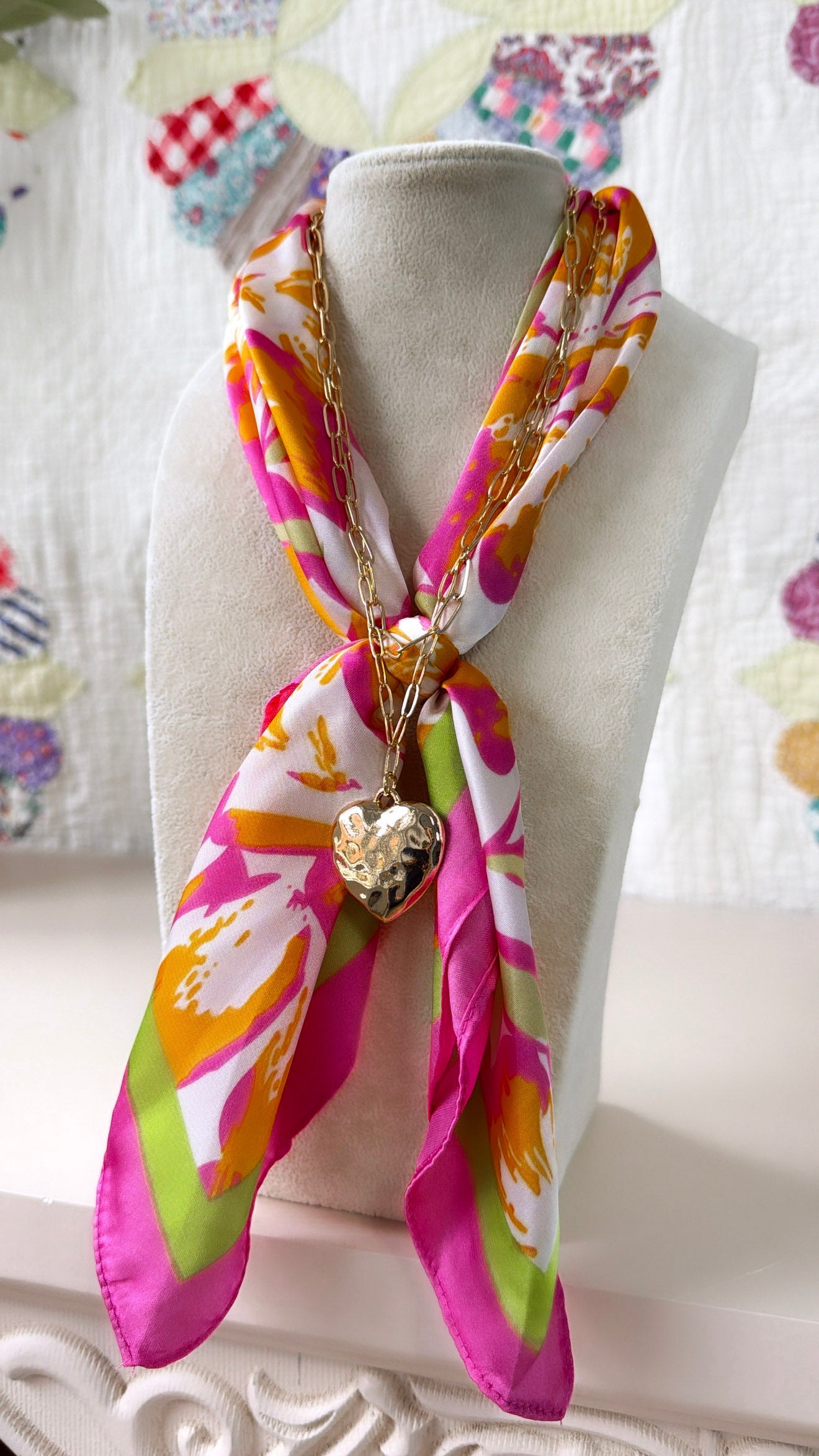 Bandana Charm Necklace, Multi Pink/ Gold