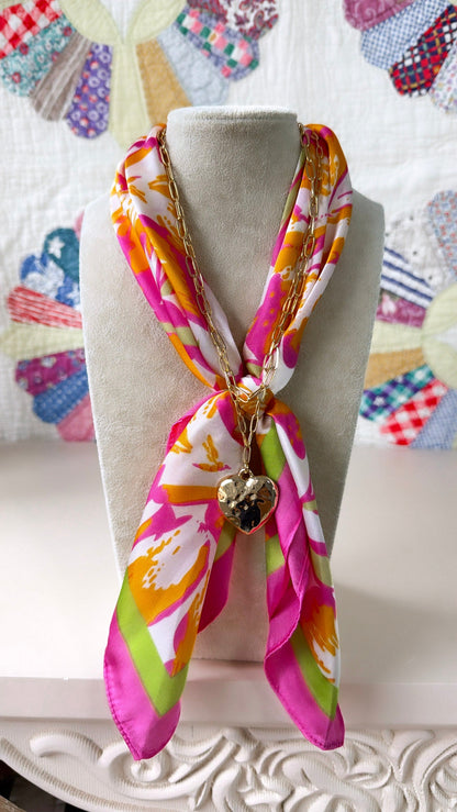 Bandana Charm Necklace, Multi Pink/ Gold