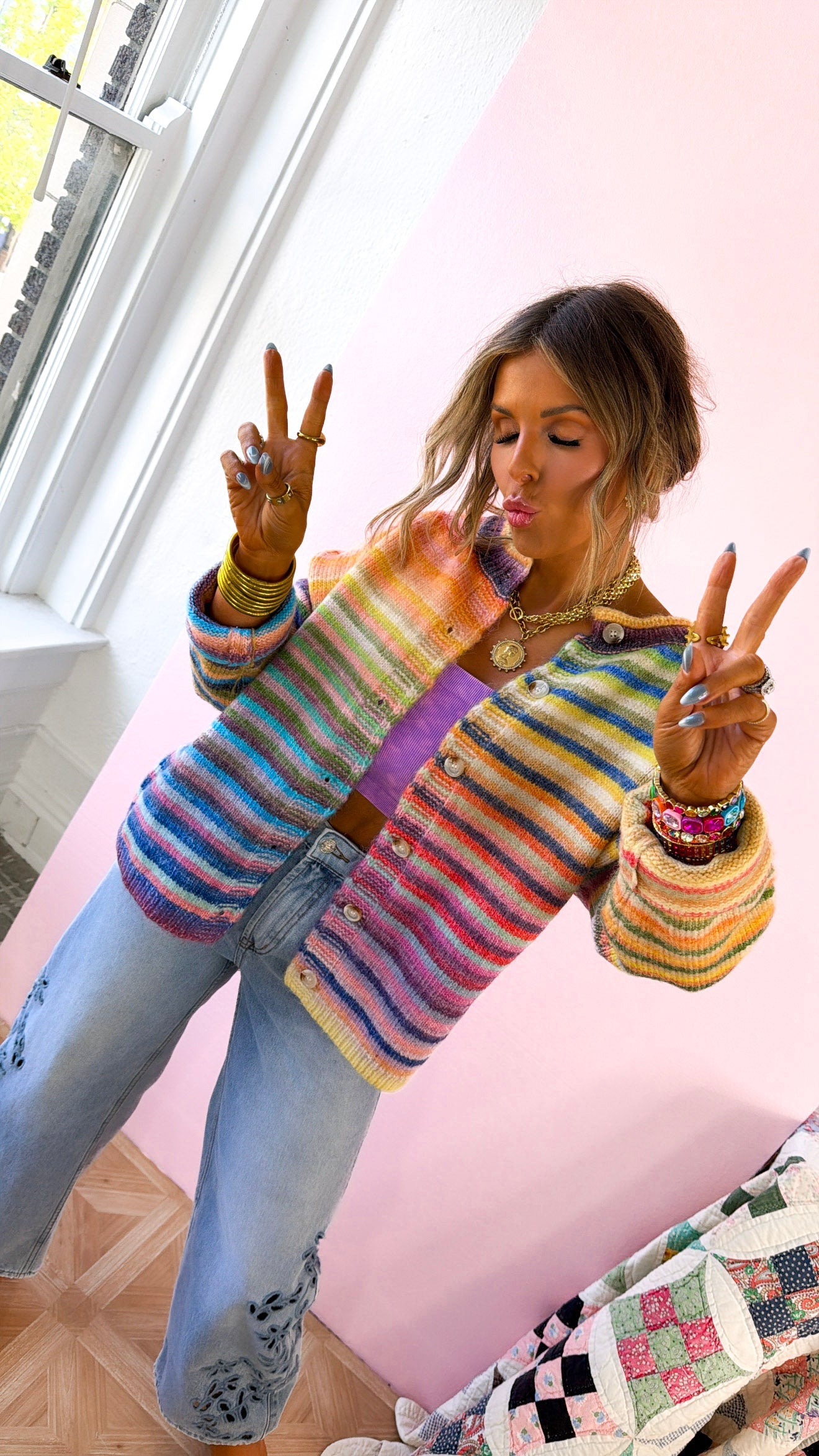 Color Field Rainbow Stripe Cardigan, Sky/Purple