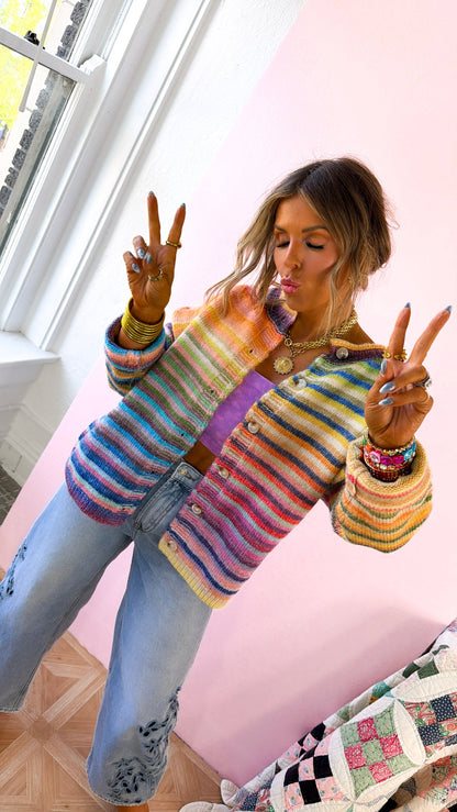 Color Field Rainbow Stripe Cardigan, Sky/Purple