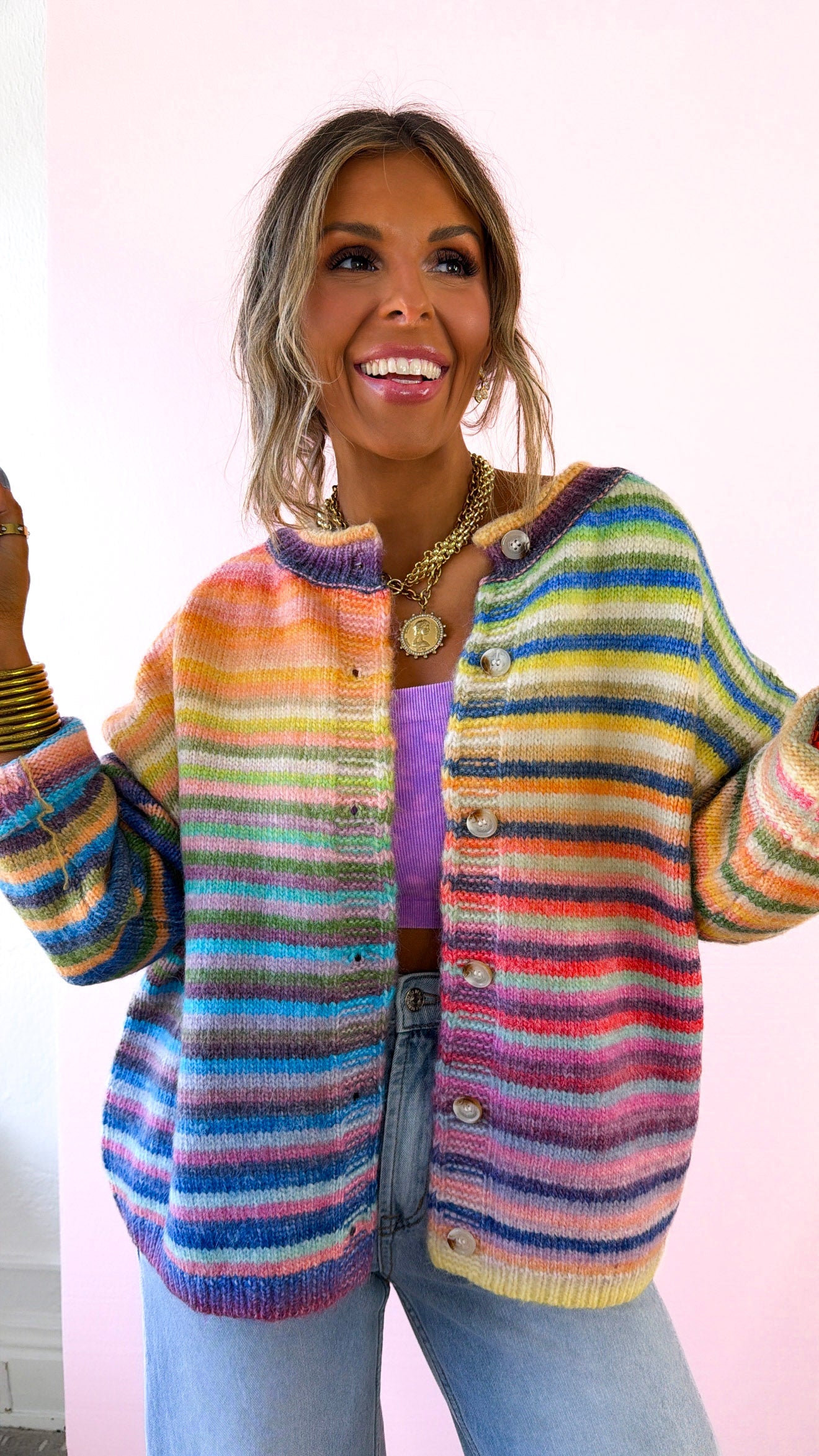 Color Field Rainbow Stripe Cardigan, Sky/Purple