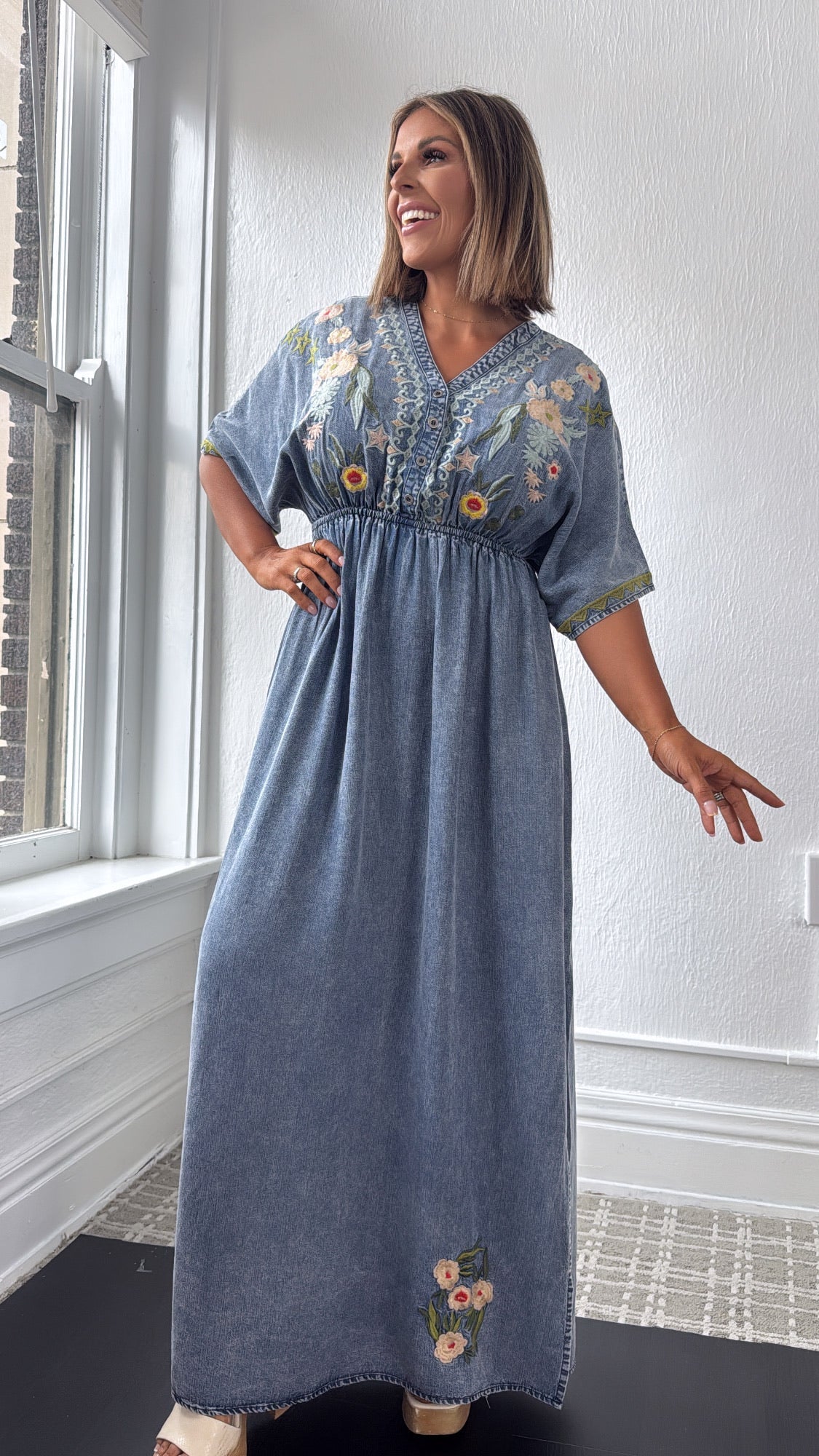 Chambray Stitch & Bloom Embroidered Maxi Dress, Denim