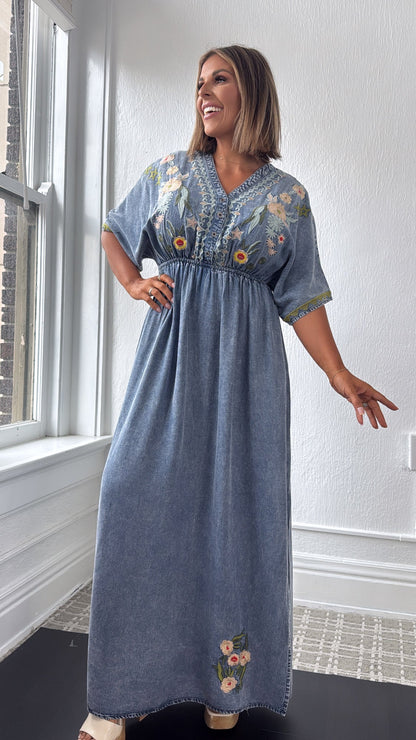 Chambray Stitch & Bloom Embroidered Maxi Dress, Denim