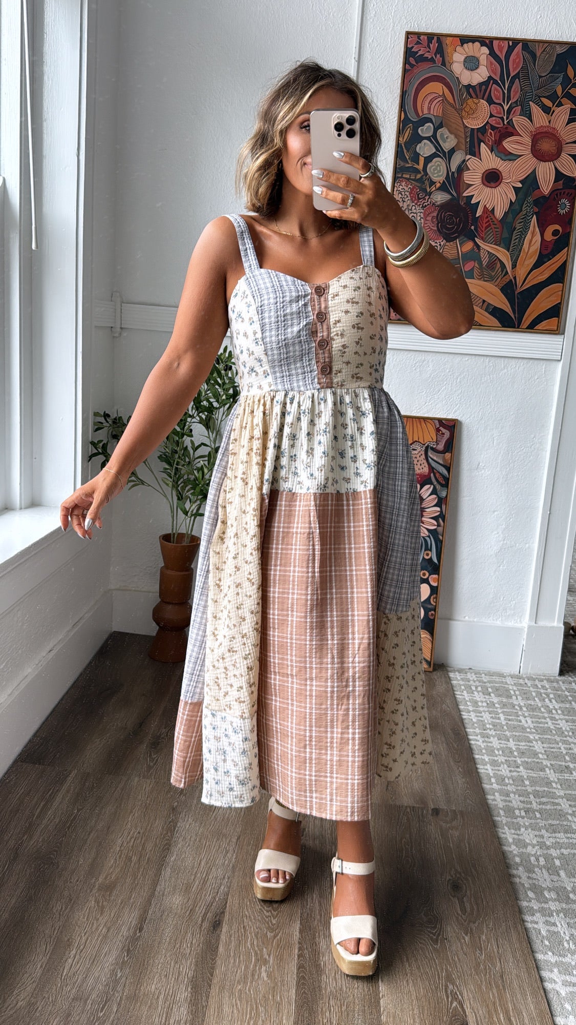Patchwork Blooms Midi Dress, Ivory