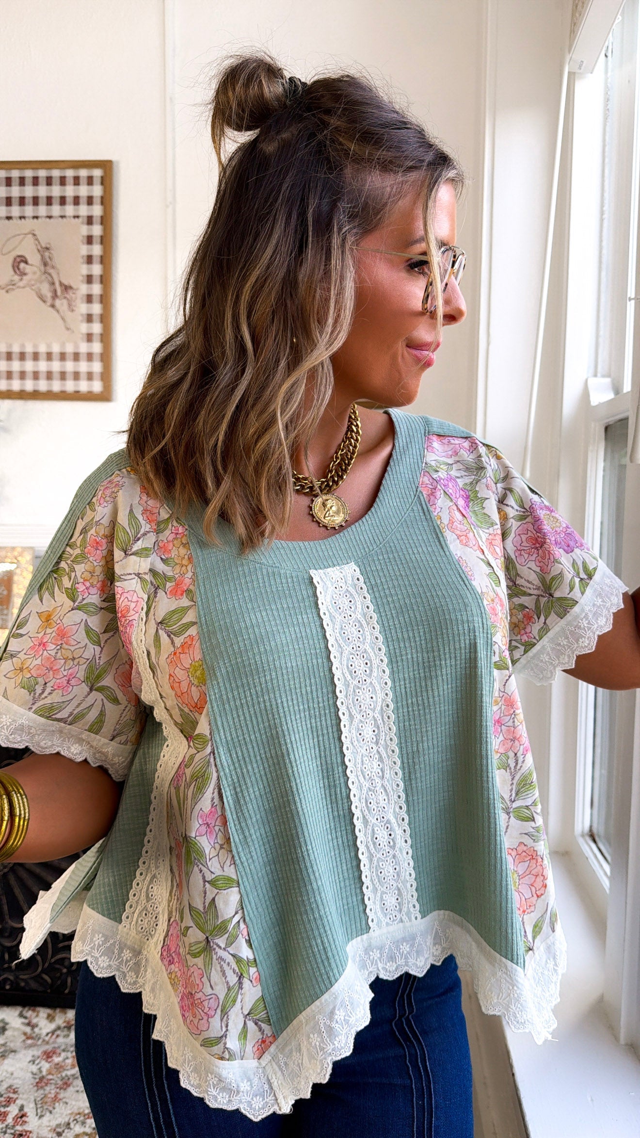 Brielle Floral Blouse, Teal Sage