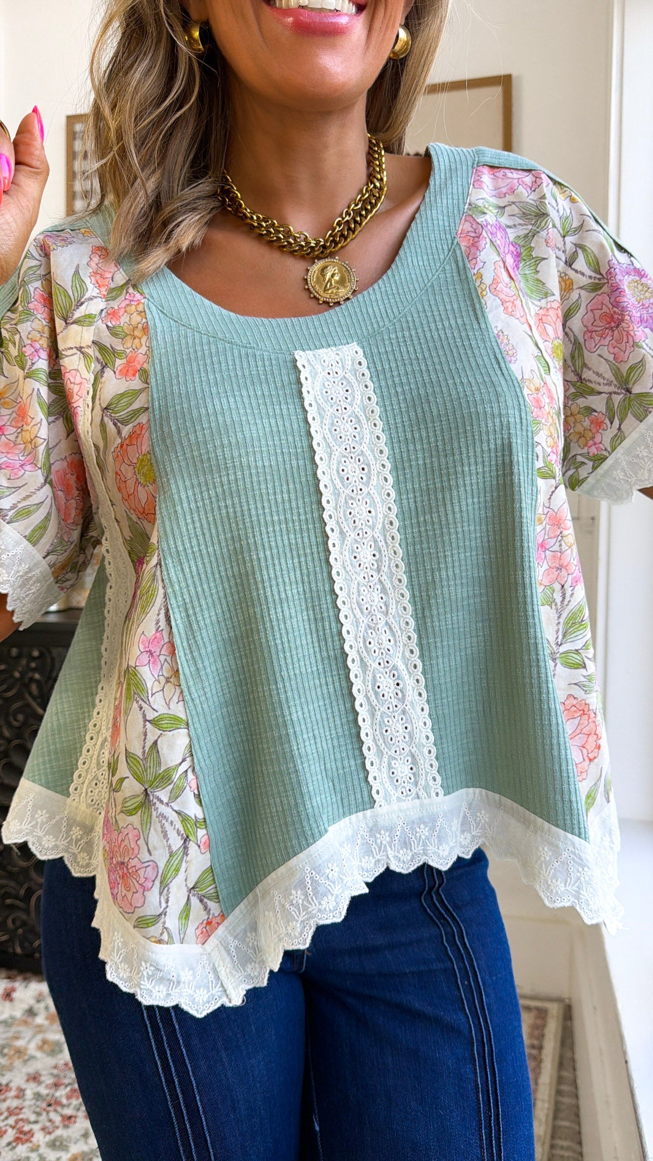 Brielle Floral Blouse, Teal Sage