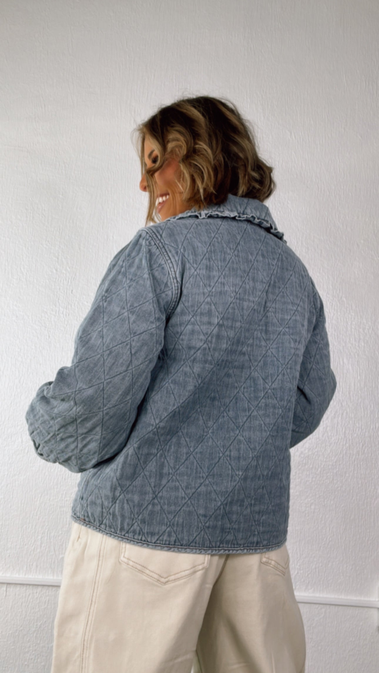 Rare Occasion Ruffle Collar Quilted Denim Jacket