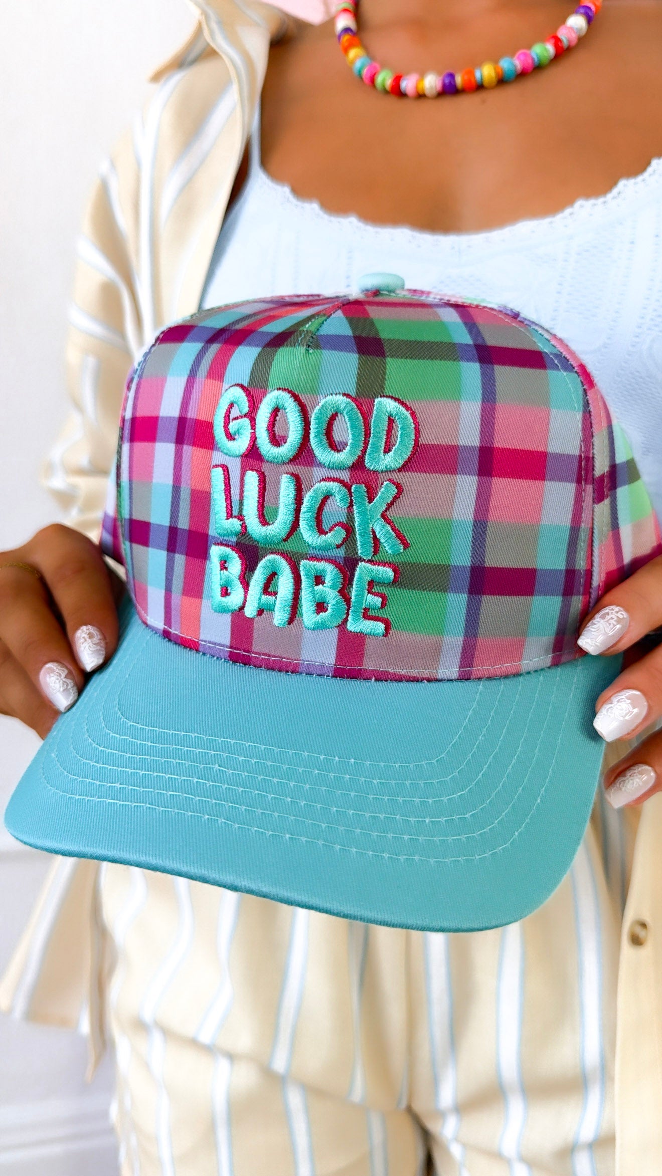 Good Luck Babe Canvas Plaid Trucker Hat