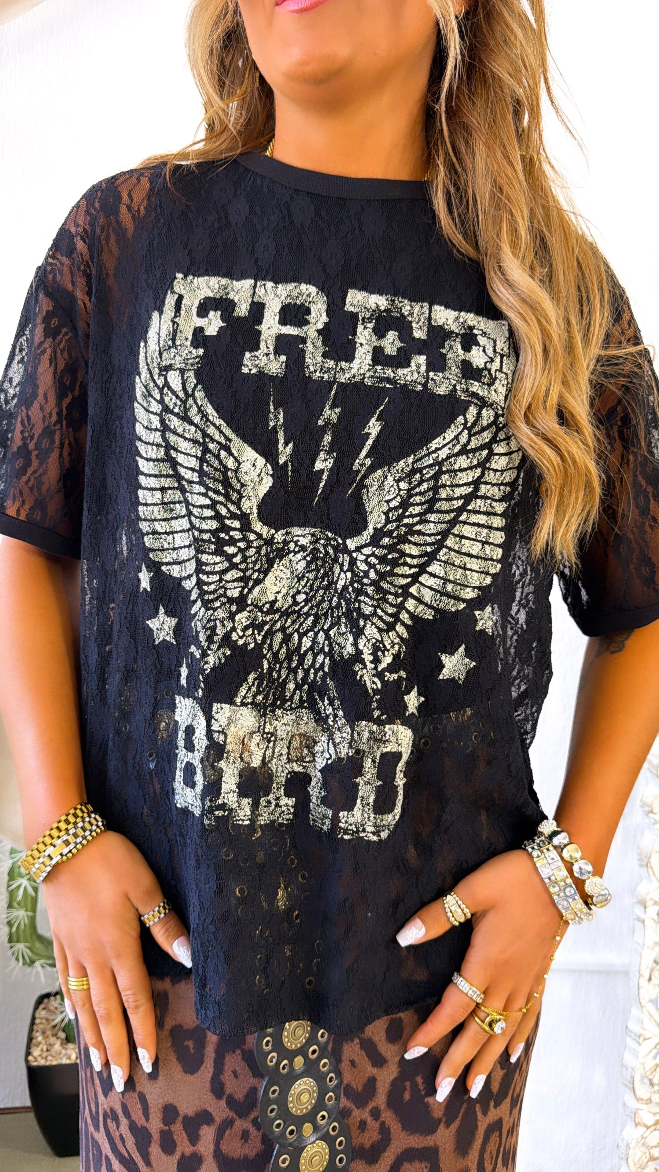 Lace Free Spirit Graphic Top, Black