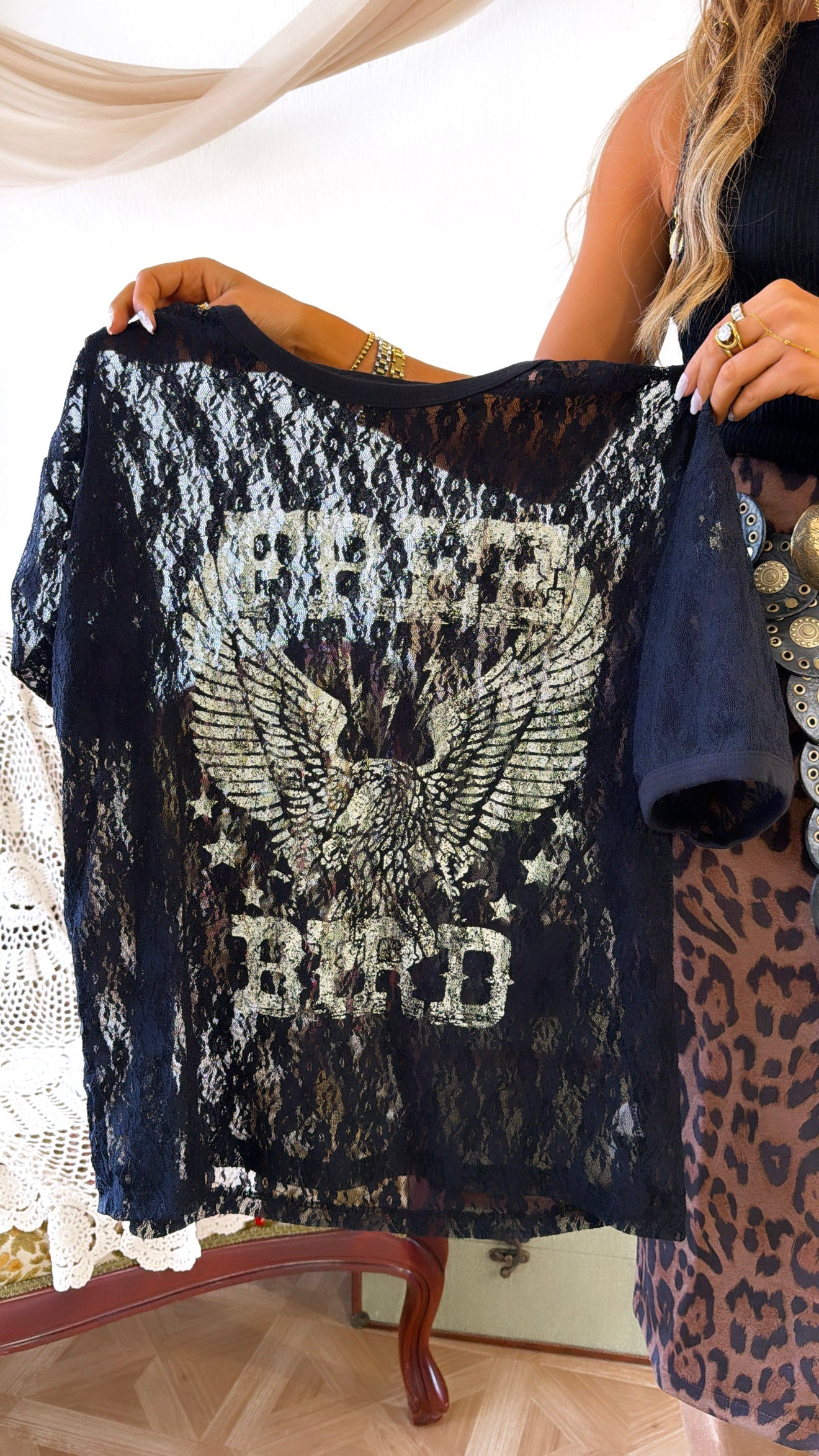 Lace Free Spirit Graphic Top, Black
