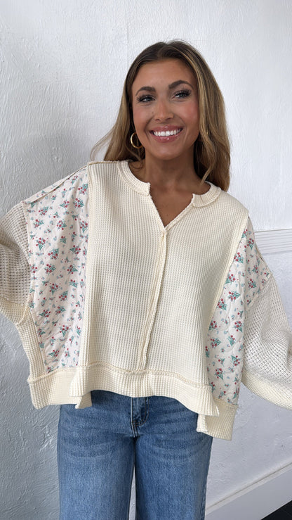 POL Floral Sleeve Sweater, Cream