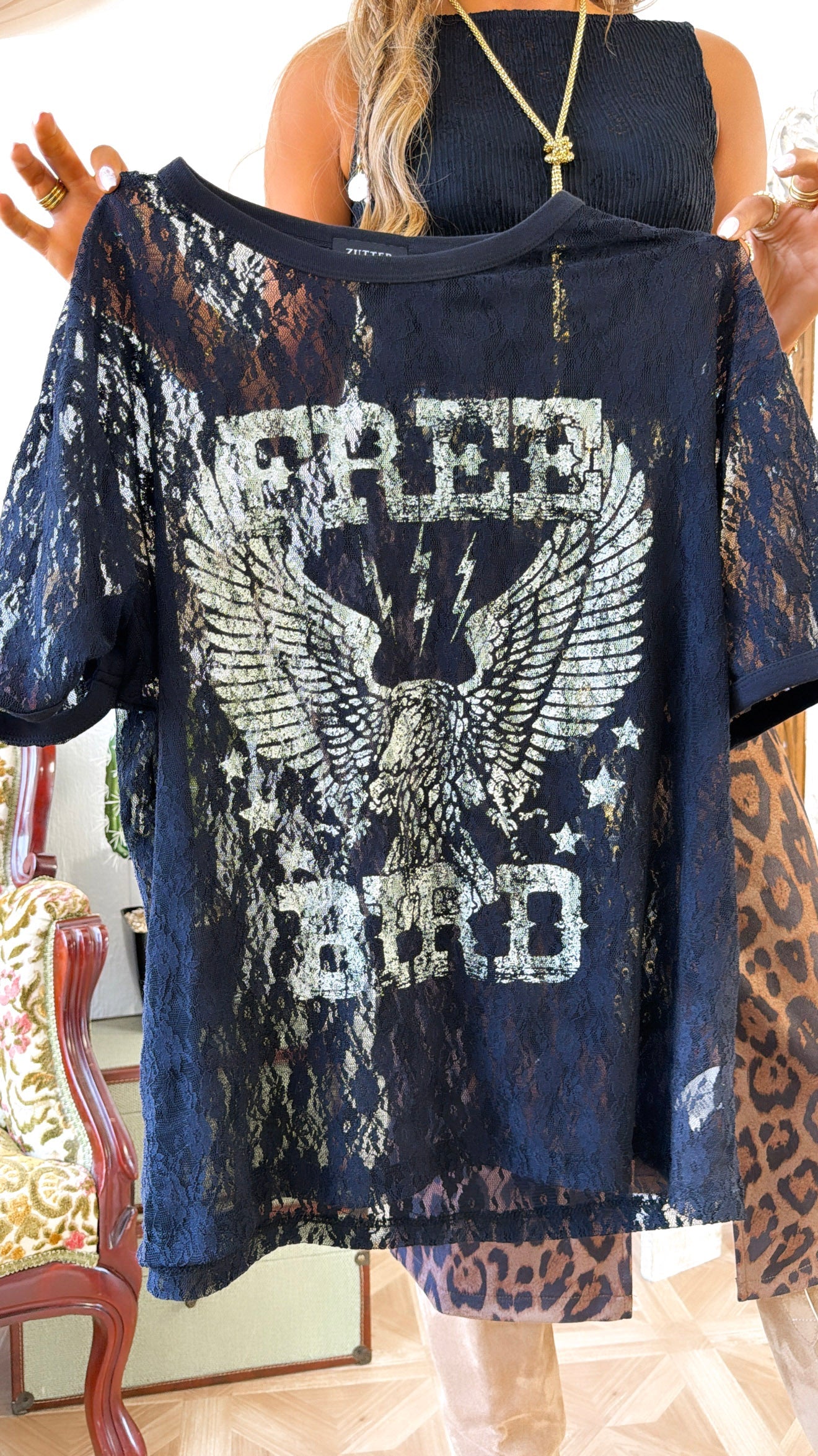 Lace Free Spirit Graphic Top, Black