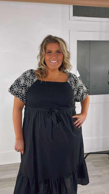 Embroidered Midi Dress, Black