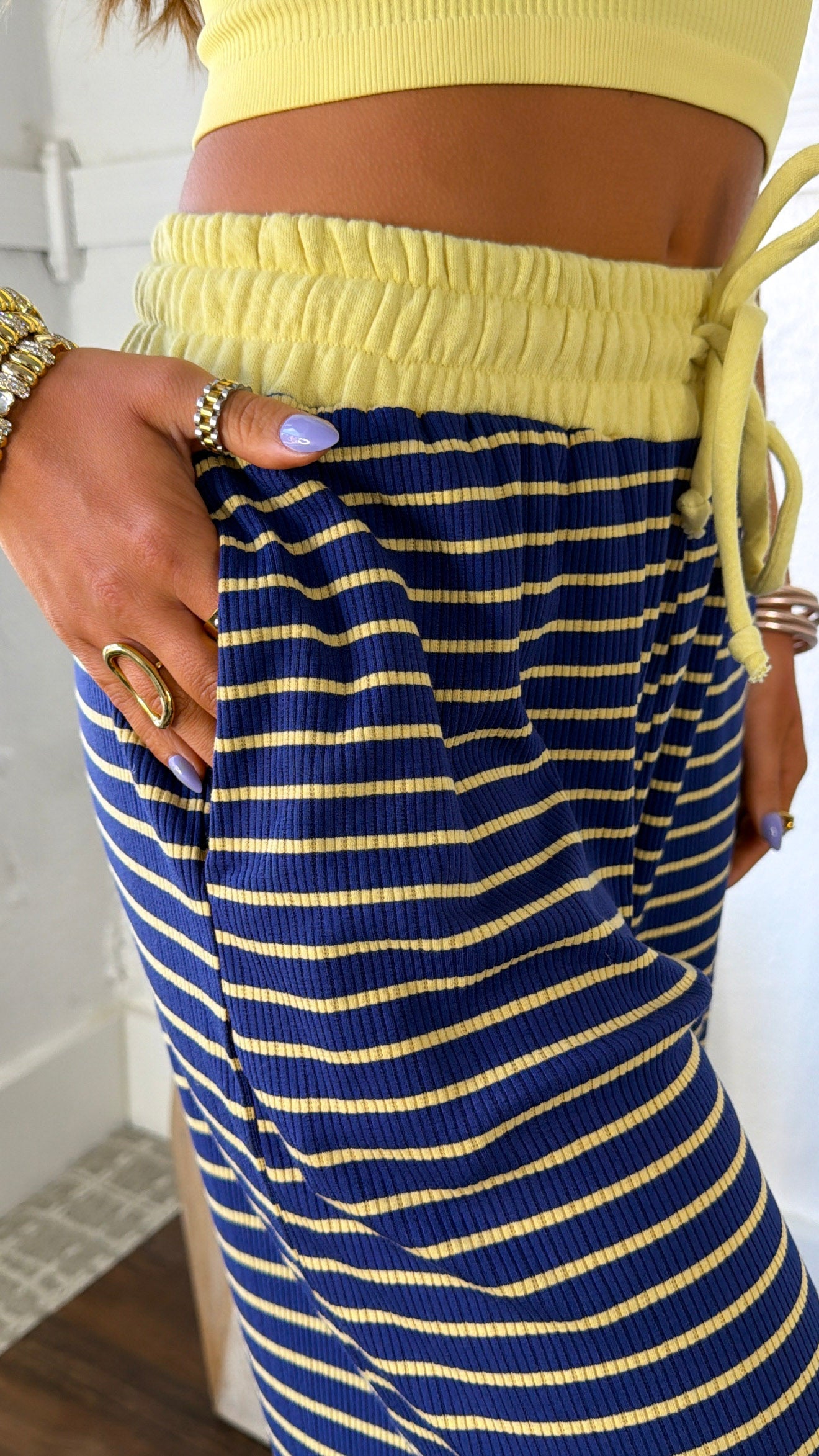 Dreaming In Stripes Lounge Pant, Navy/Yellow