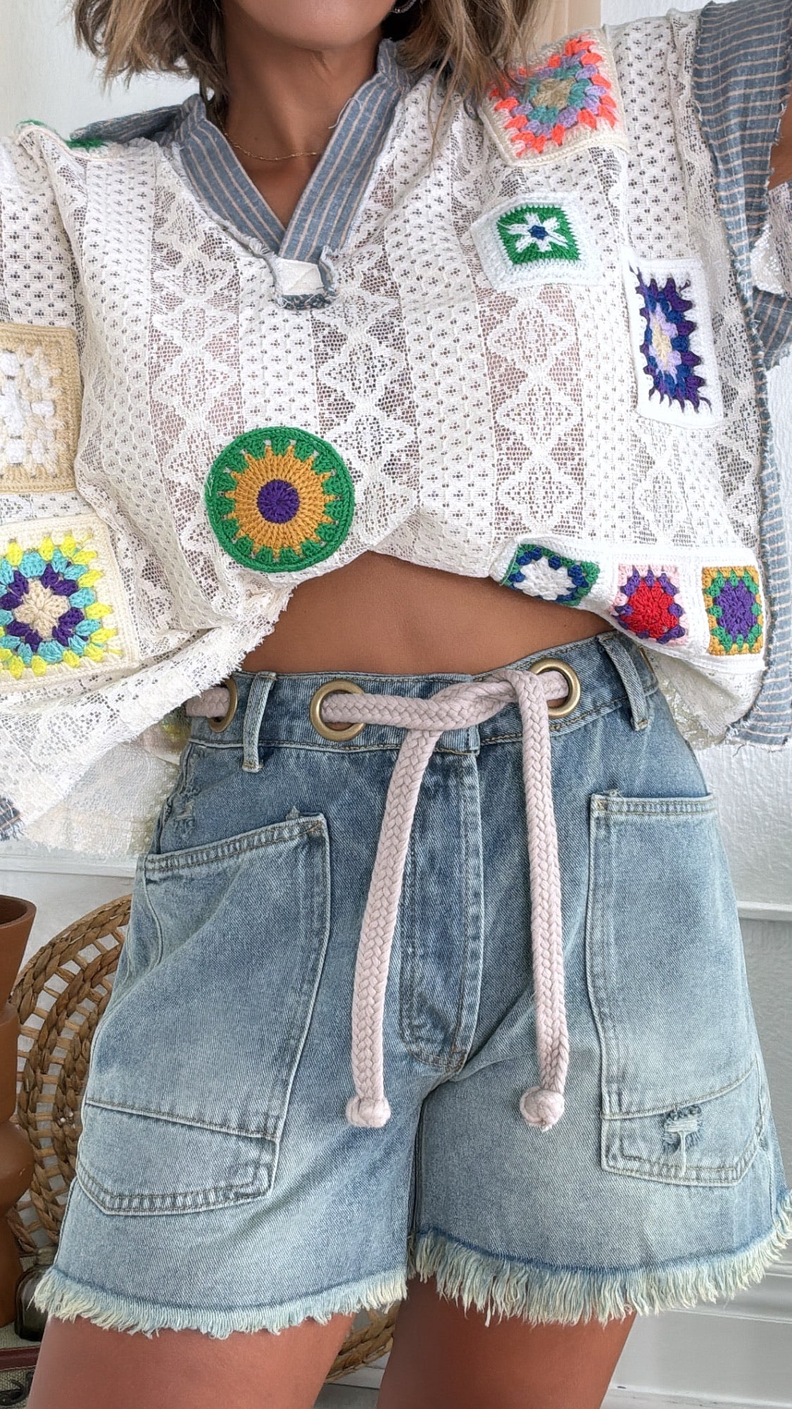 New Point Of View Braided Belt Shorts, Denim