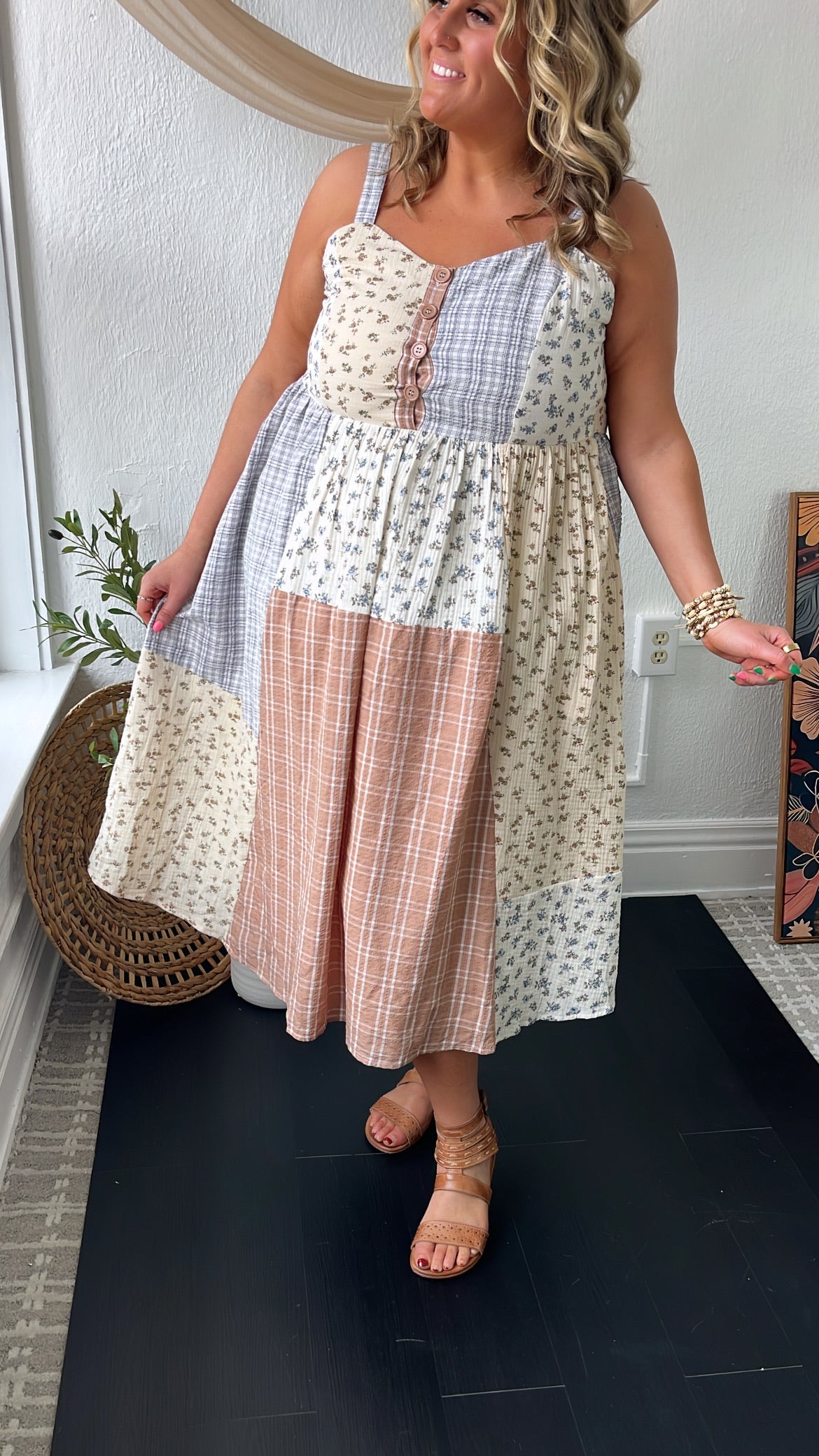 Patchwork Blooms Midi Dress, Ivory