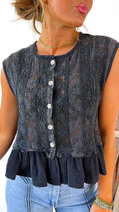 Dove Button Tank Top, Black