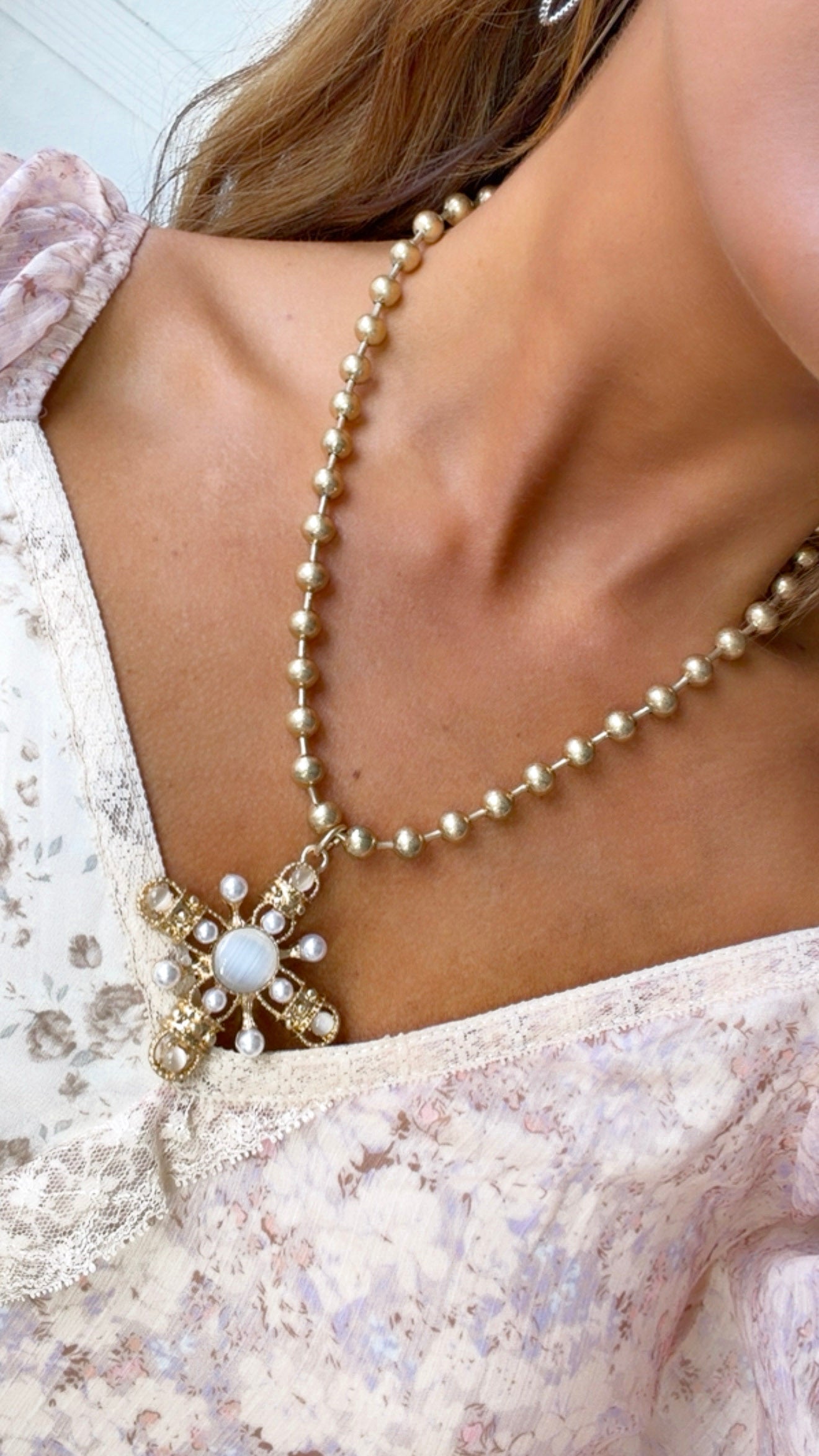 Golden Pearl Cross Necklace