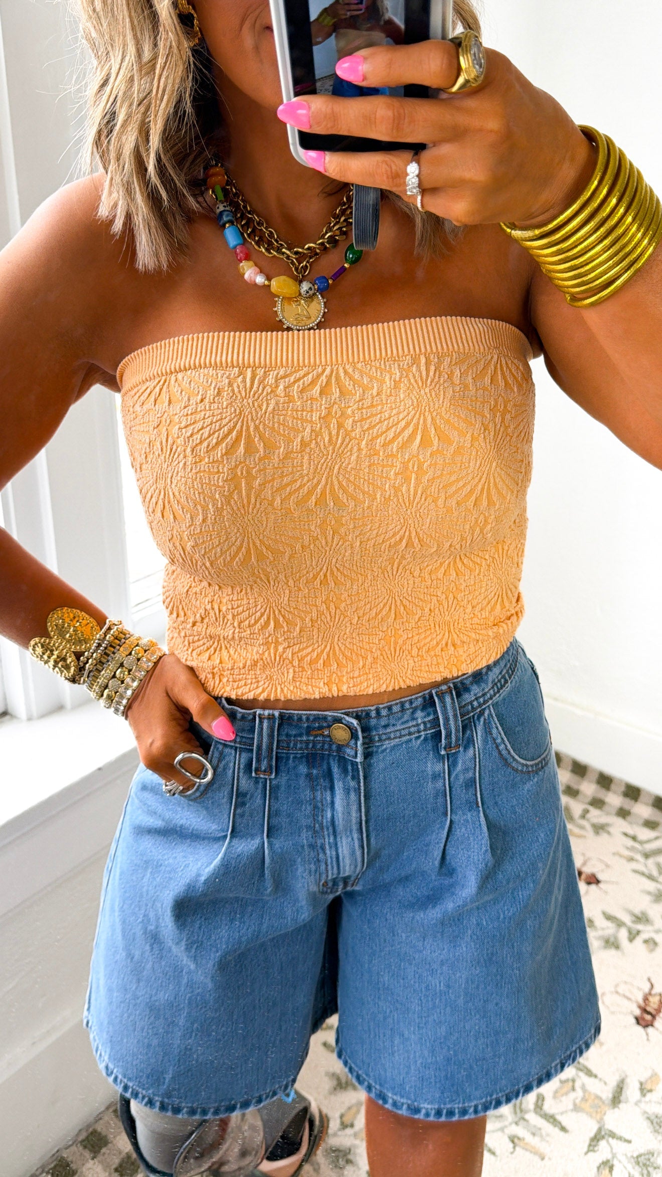 BY TOGETHER: All Bliss Floral Detail Strapless Tube Top, Coral Cloud