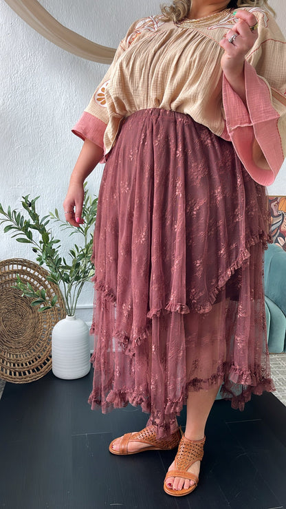 Delicate Dreams Embellished Lace Skirt, Chestnut